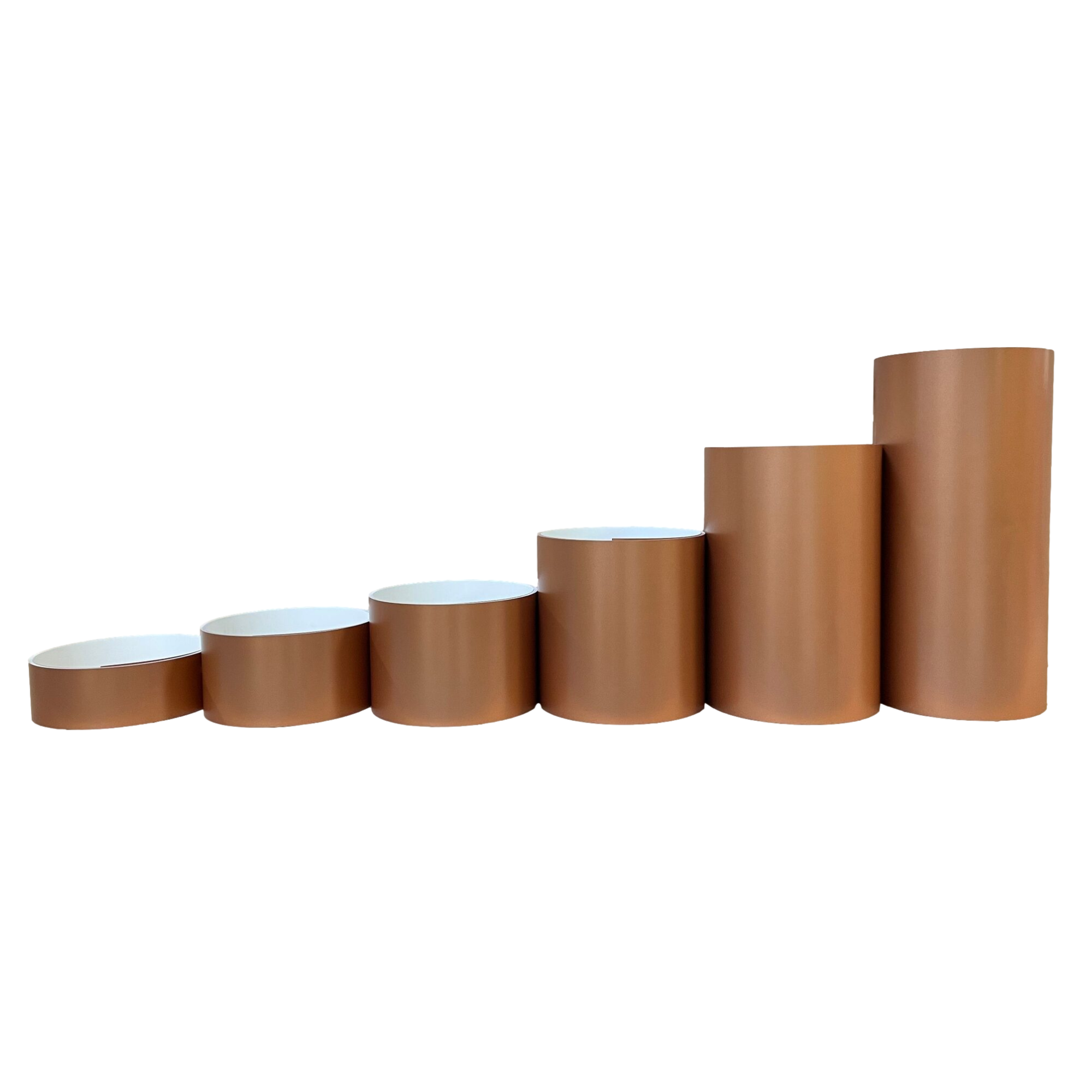 Various rolls of Smooth Aluminum Trim Coil positioned next to each other to visualize each size offered. Each roll is Copper Metallic in color. 
