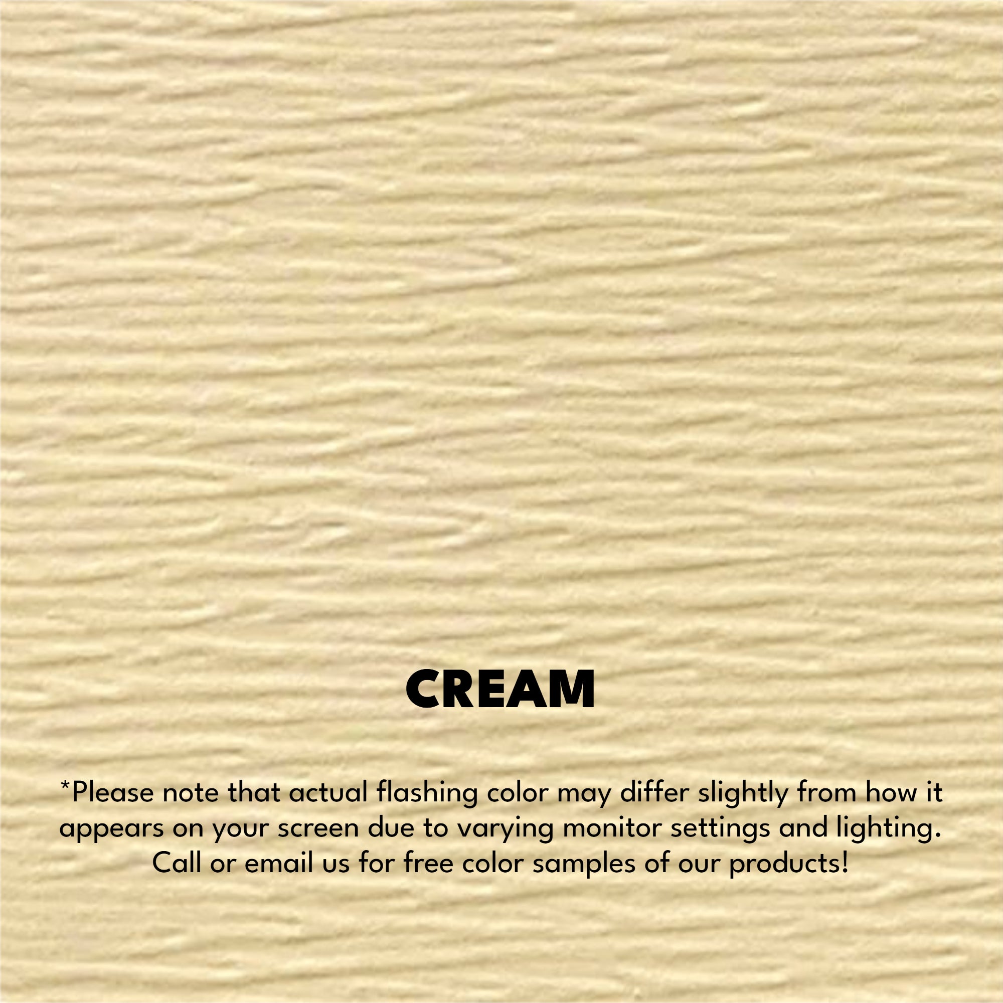 A texture photo of the Woodgrain Finish Aluminum Fascia that reads, "Cream: Please note that actual flashing color may differ slightly from how it appears on your screen due to varying monitor settings and lighting. Call or email us for free color samples of our products!"