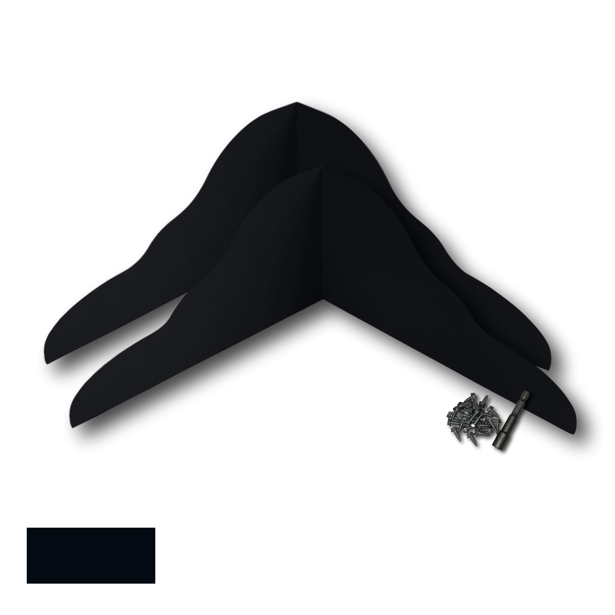 Two Rain Gutter Valley Splash Guards displayed with several sheet metal screws and a magnetic hex bit driver. There is a color swatch in the bottom left corner. The Splash Guards are Decorative Bent in size, and Black in color. 