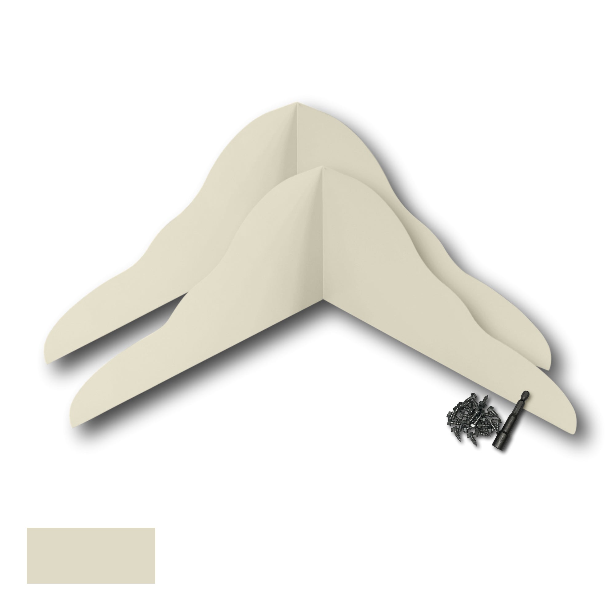 Two Rain Gutter Valley Splash Guards displayed with several sheet metal screws and a magnetic hex bit driver. There is a color swatch in the bottom left corner. The Splash Guards are Decorative Bent in size, and Cream in color. 