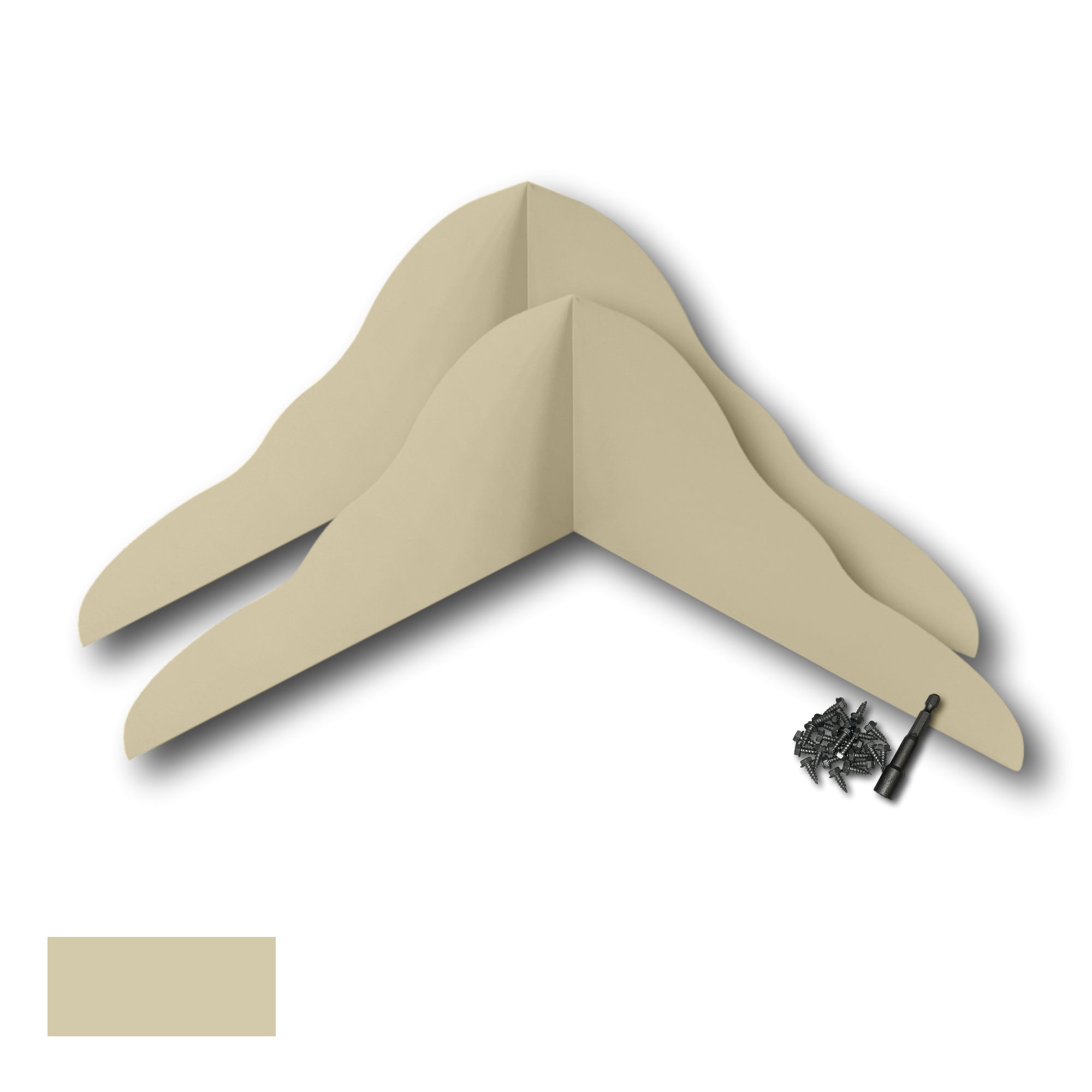 Two Rain Gutter Valley Splash Guards displayed with several sheet metal screws and a magnetic hex bit driver. There is a color swatch in the bottom left corner. The Splash Guards are Decorative Bent in size, and Ivory in color. 