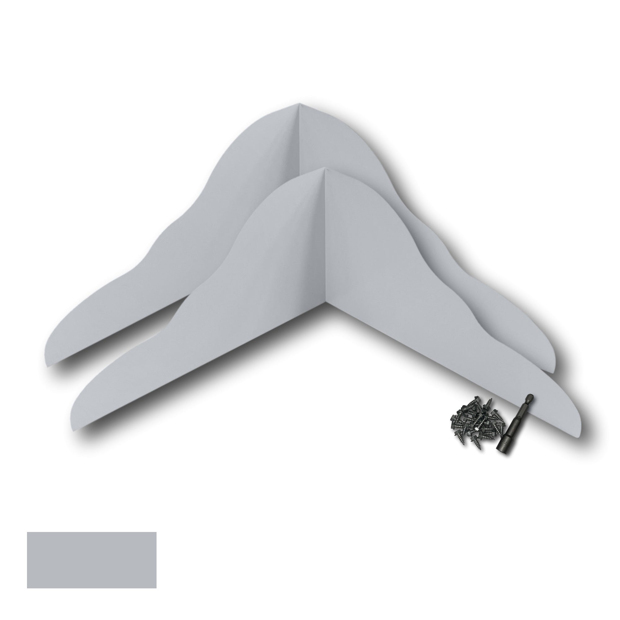 Two Rain Gutter Valley Splash Guards displayed with several sheet metal screws and a magnetic hex bit driver. There is a color swatch in the bottom left corner. The Splash Guards are Decorative Bent in size, and Light Gray in color. 