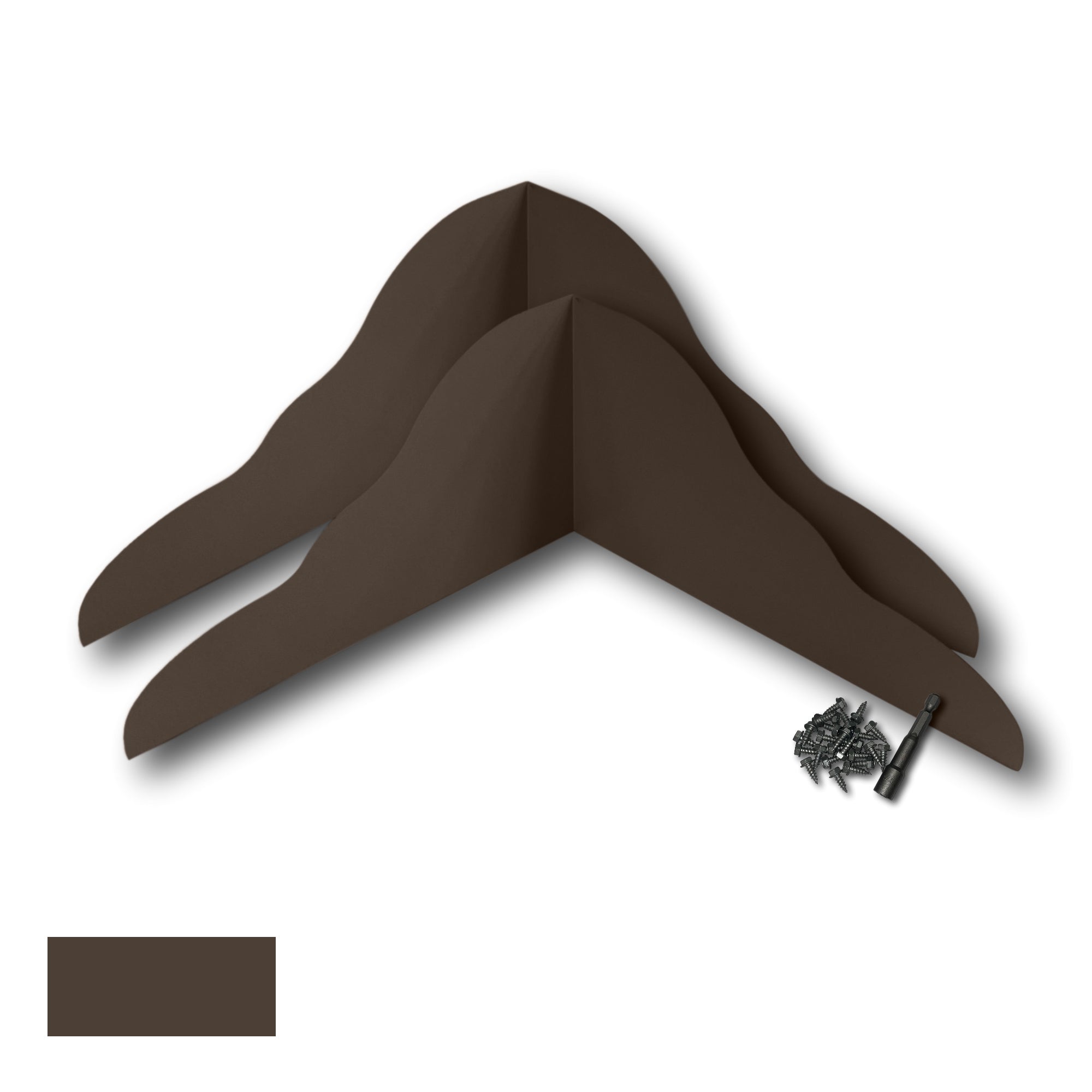 Two Rain Gutter Valley Splash Guards displayed with several sheet metal screws and a magnetic hex bit driver. There is a color swatch in the bottom left corner. The Splash Guards are Decorative Bent in size, and Musket Brown in color. 