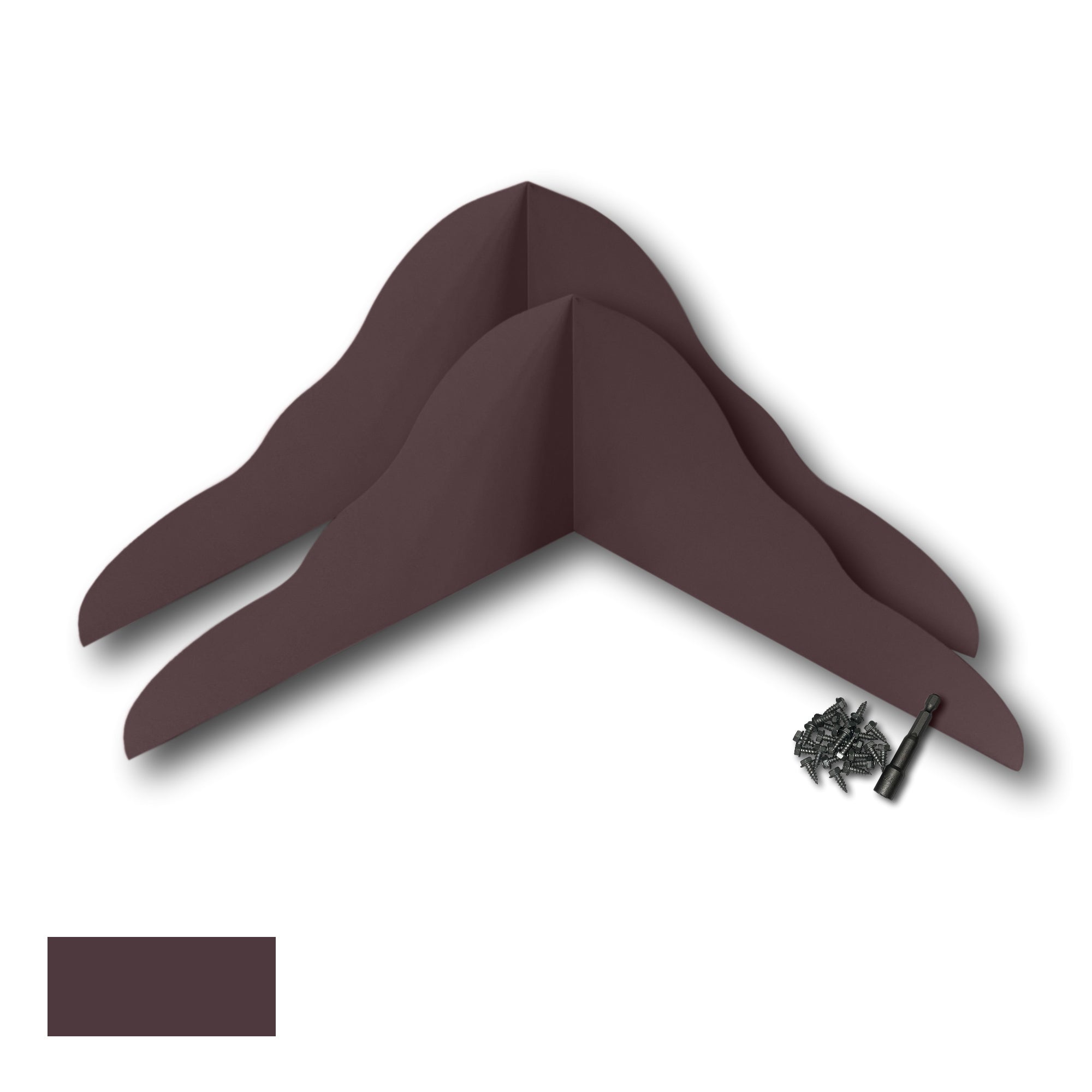 Two Rain Gutter Valley Splash Guards displayed with several sheet metal screws and a magnetic hex bit driver. There is a color swatch in the bottom left corner. The Splash Guards are Decorative Bent in size, and Royal Brown in color. 