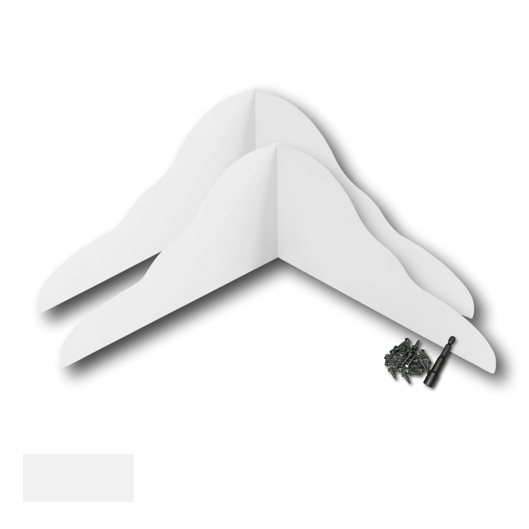 Two Rain Gutter Valley Splash Guards displayed with several sheet metal screws and a magnetic hex bit driver. There is a color swatch in the bottom left corner. The Splash Guards are Decorative Bent in size, and White in color. 