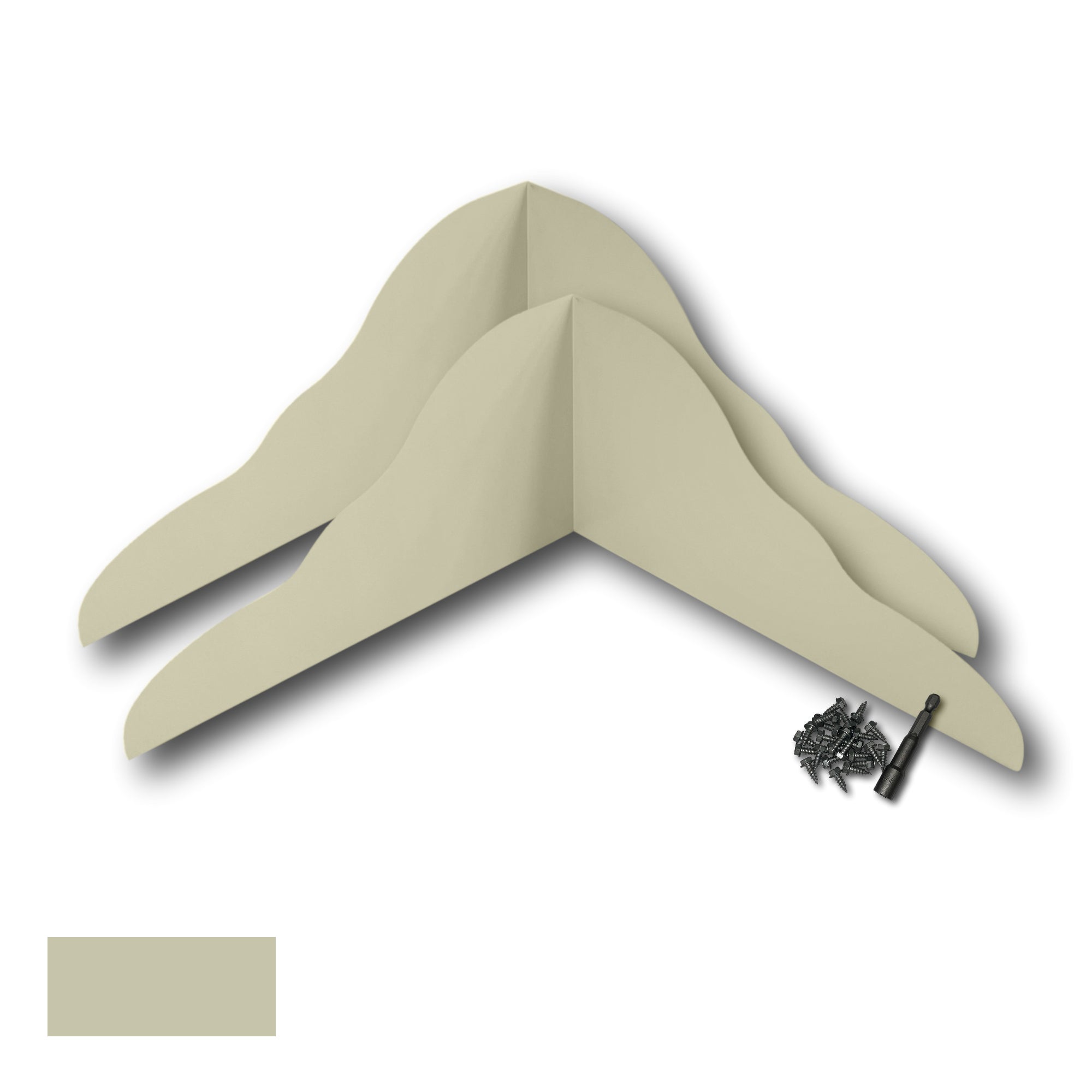 Two Rain Gutter Valley Splash Guards displayed with several sheet metal screws and a magnetic hex bit driver. There is a color swatch in the bottom left corner. The Splash Guards are Decorative Bent in size, and Wicker in color. 