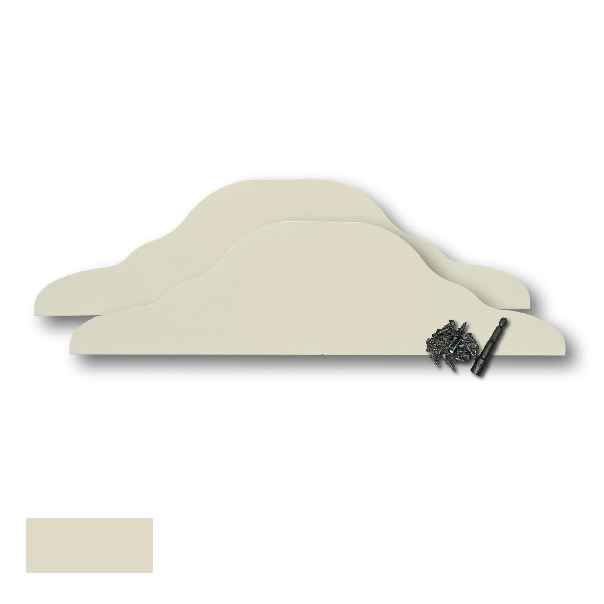 Two Rain Gutter Valley Splash Guards displayed with several sheet metal screws and a magnetic hex bit driver. There is a color swatch in the bottom left corner. The Splash Guards are Decorative Straight in size, and Cream in color. 