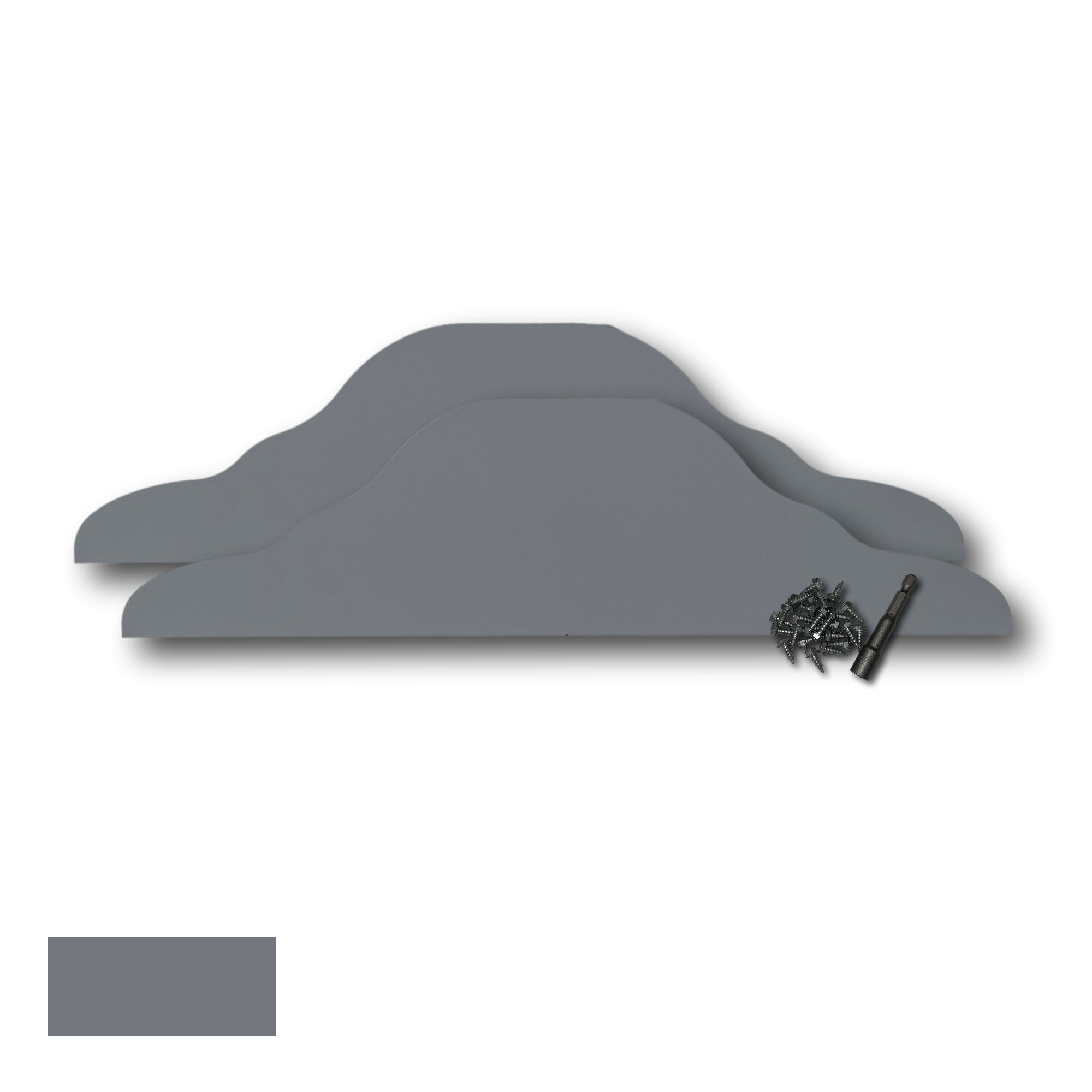 Two Rain Gutter Valley Splash Guards displayed with several sheet metal screws and a magnetic hex bit driver. There is a color swatch in the bottom left corner. The Splash Guards are Decorative Straight in size, and Dark Gray in color. 