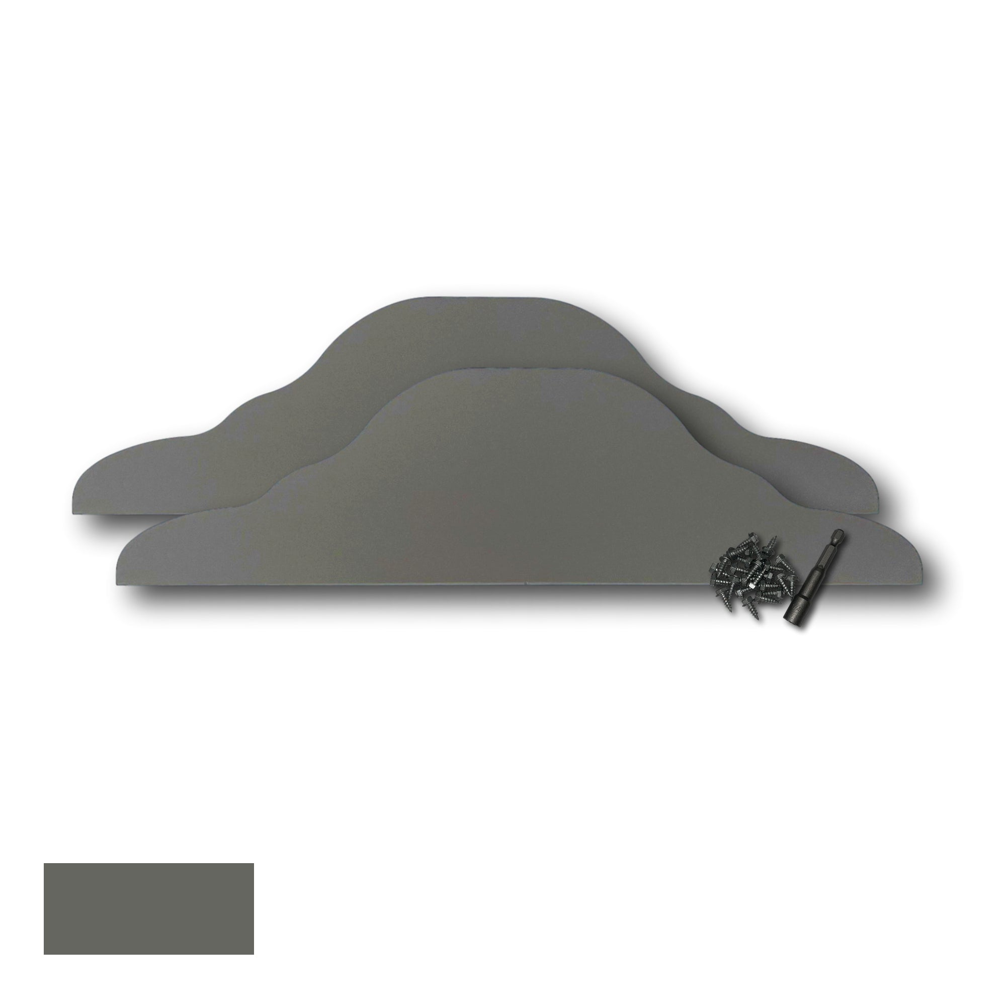 Two Rain Gutter Valley Splash Guards displayed with several sheet metal screws and a magnetic hex bit driver. There is a color swatch in the bottom left corner. The Splash Guards are Decorative Straight in size, and Light Bronze in color. 