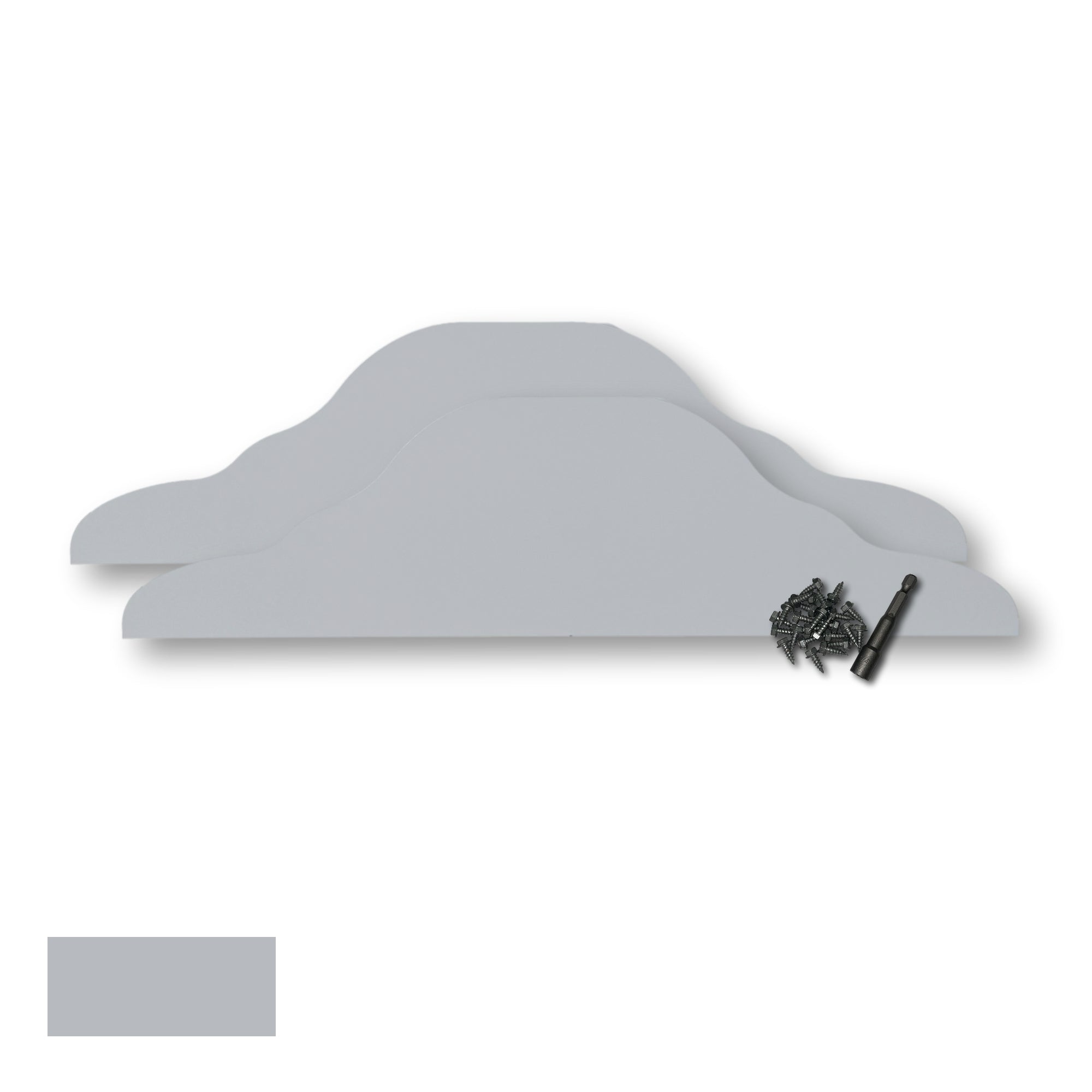 Two Rain Gutter Valley Splash Guards displayed with several sheet metal screws and a magnetic hex bit driver. There is a color swatch in the bottom left corner. The Splash Guards are Decorative Straight in size, and Light Gray in color. 