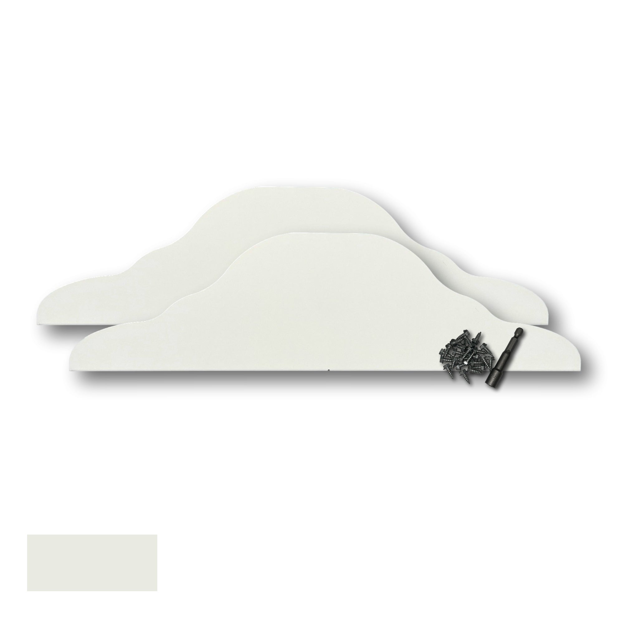 Two Rain Gutter Valley Splash Guards displayed with several sheet metal screws and a magnetic hex bit driver. There is a color swatch in the bottom left corner. The Splash Guards are Decorative Straight in size, and Linen in color. 