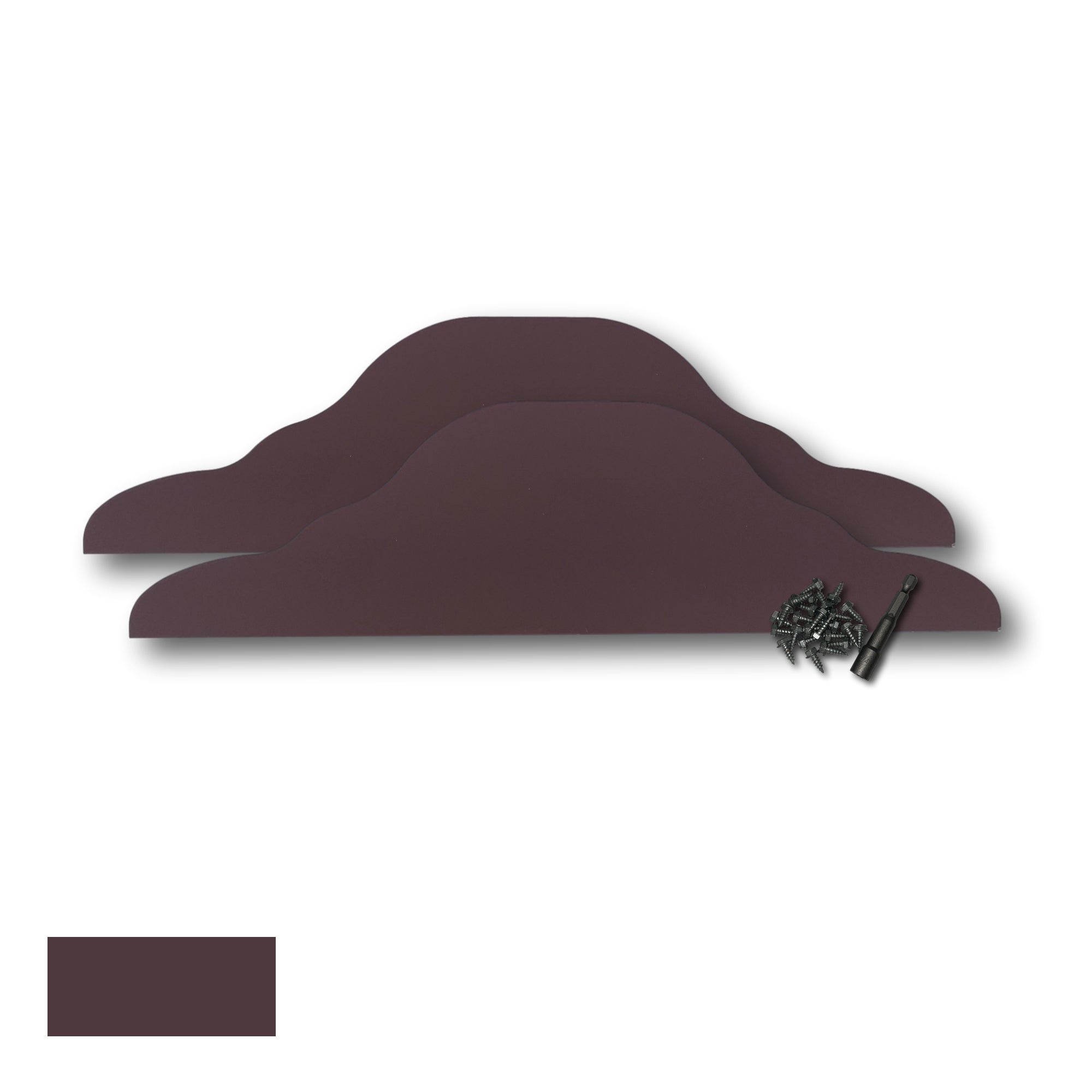 Two Rain Gutter Valley Splash Guards displayed with several sheet metal screws and a magnetic hex bit driver. There is a color swatch in the bottom left corner. The Splash Guards are Decorative Straight in size, and Royal Brown in color. 