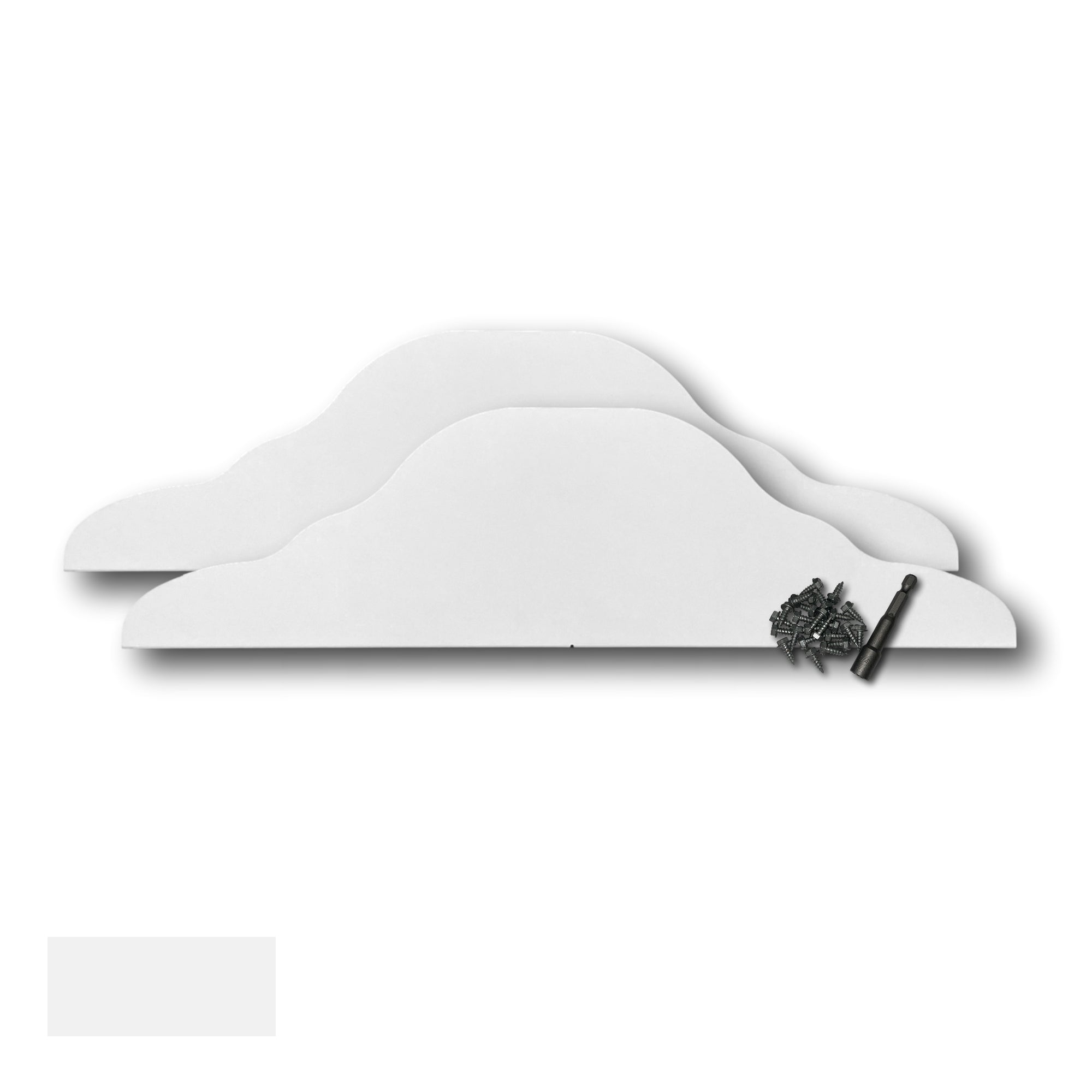 Two Rain Gutter Valley Splash Guards displayed with several sheet metal screws and a magnetic hex bit driver. There is a color swatch in the bottom left corner. The Splash Guards are Decorative Straight in size, and White in color. 