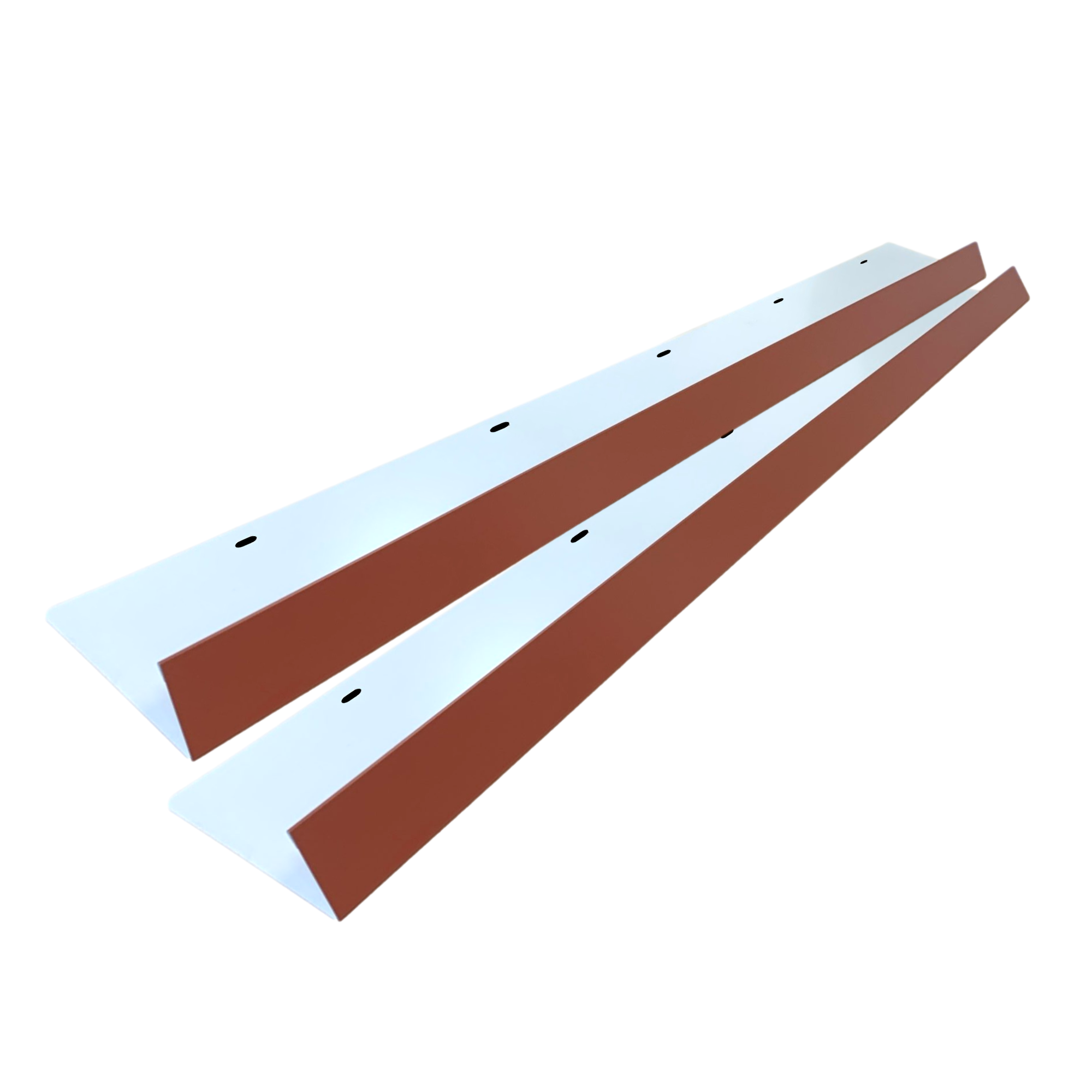 A two-pack of shingle roof rain diverters that are meant to install over door ways and windows to divert rain water. The rain diverters are made of 26 gauge painted steel and are Barn Red in color. 