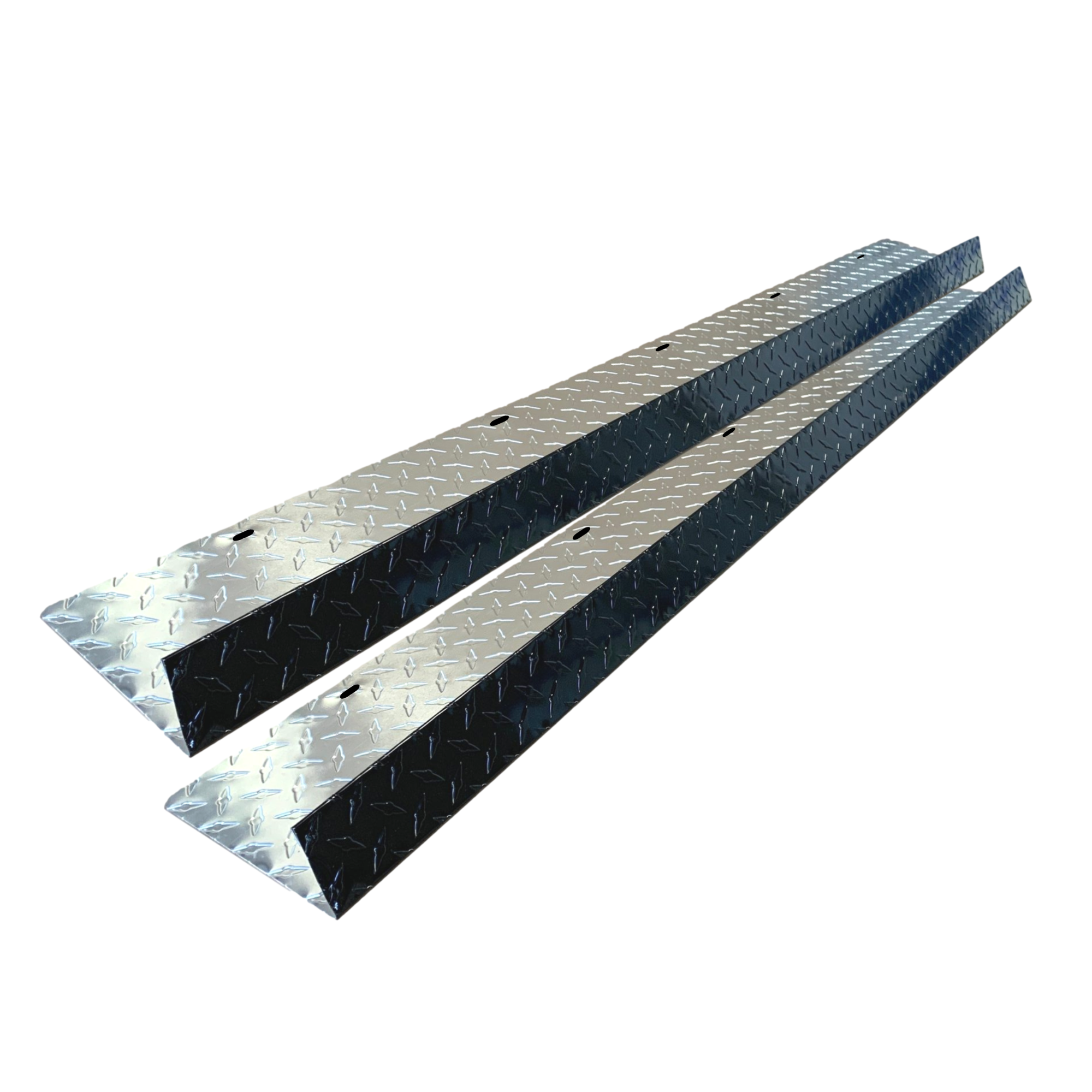 A two-pack of shingle roof rain diverters that are meant to install over door ways and windows to divert rain water. The rain diverters are made of aluminum diamond plate and are Black in color. 