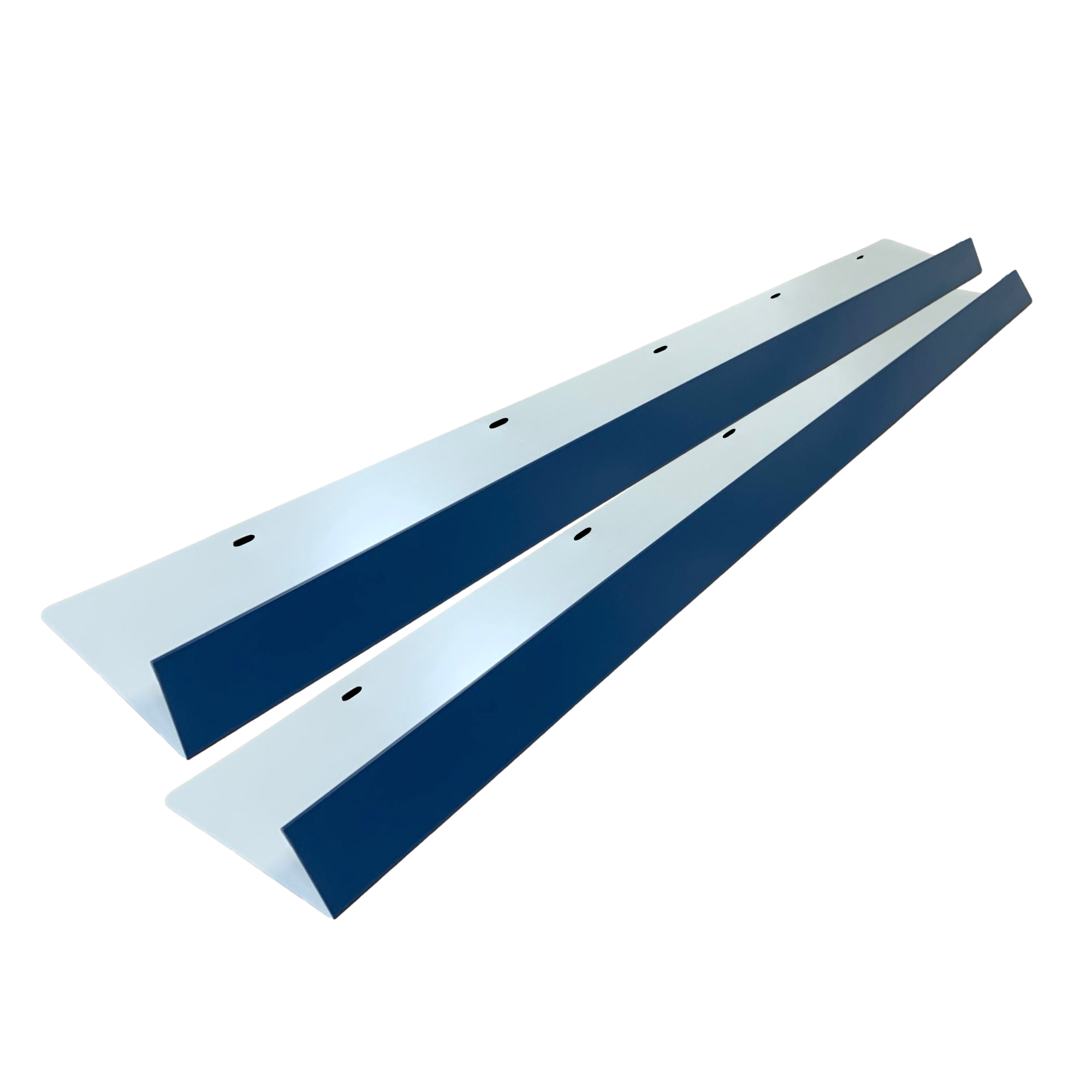 A two-pack of shingle roof rain diverters that are meant to install over door ways and windows to divert rain water. The rain diverters are made of 26 gauge painted steel and are Regal Blue in color. 