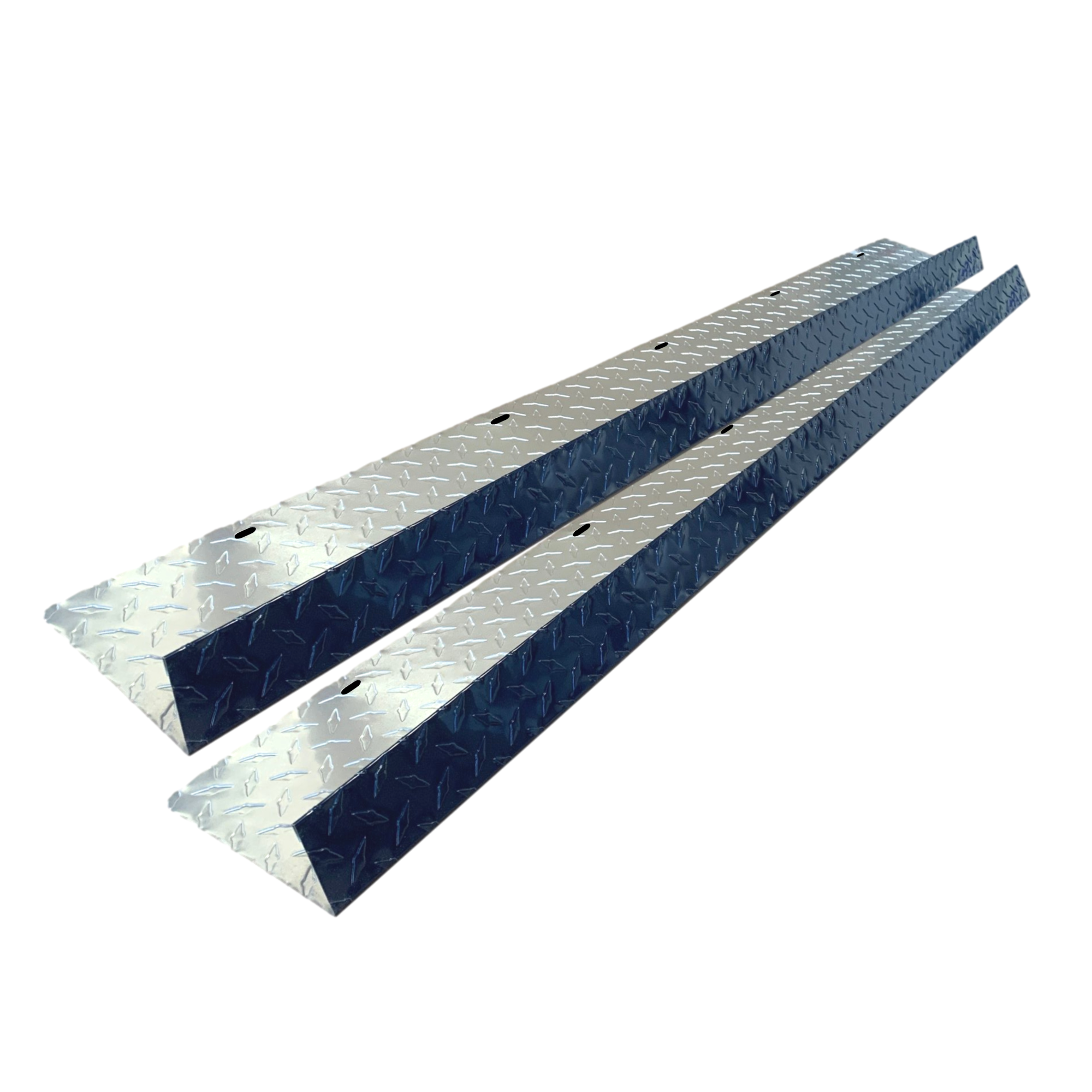 A two-pack of shingle roof rain diverters that are meant to install over door ways and windows to divert rain water. The rain diverters are made of aluminum diamond tread plate and are Indigo Blue in color. 