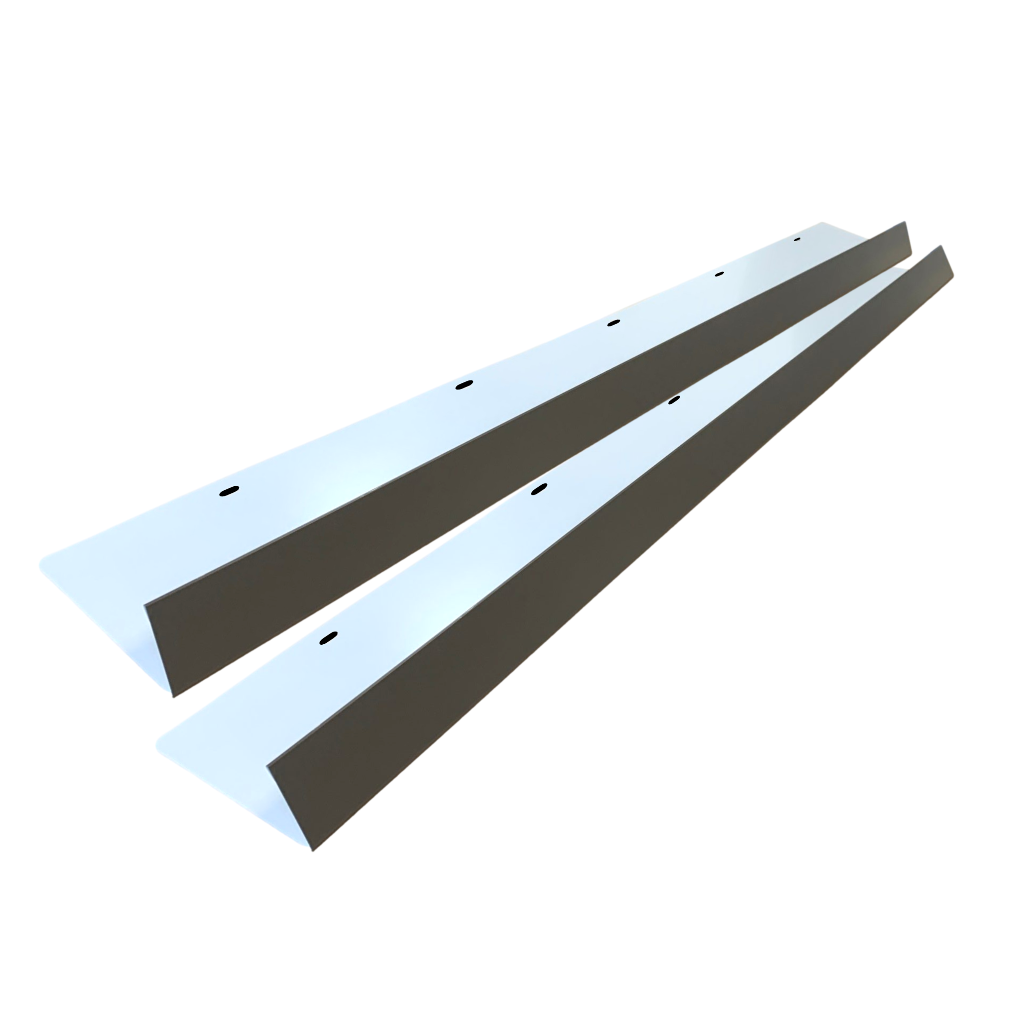 A two-pack of shingle roof rain diverters that are meant to install over door ways and windows to divert rain water. The rain diverters are made of 26 gauge painted steel and are Burnished Slate in color. 