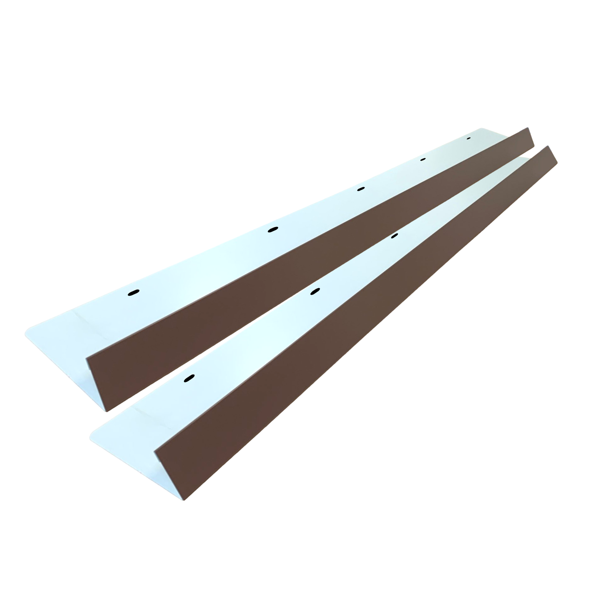 A two-pack of shingle roof rain diverters that are meant to install over door ways and windows to divert rain water. The rain diverters are made of 26 gauge painted steel and are Brown in color. 
