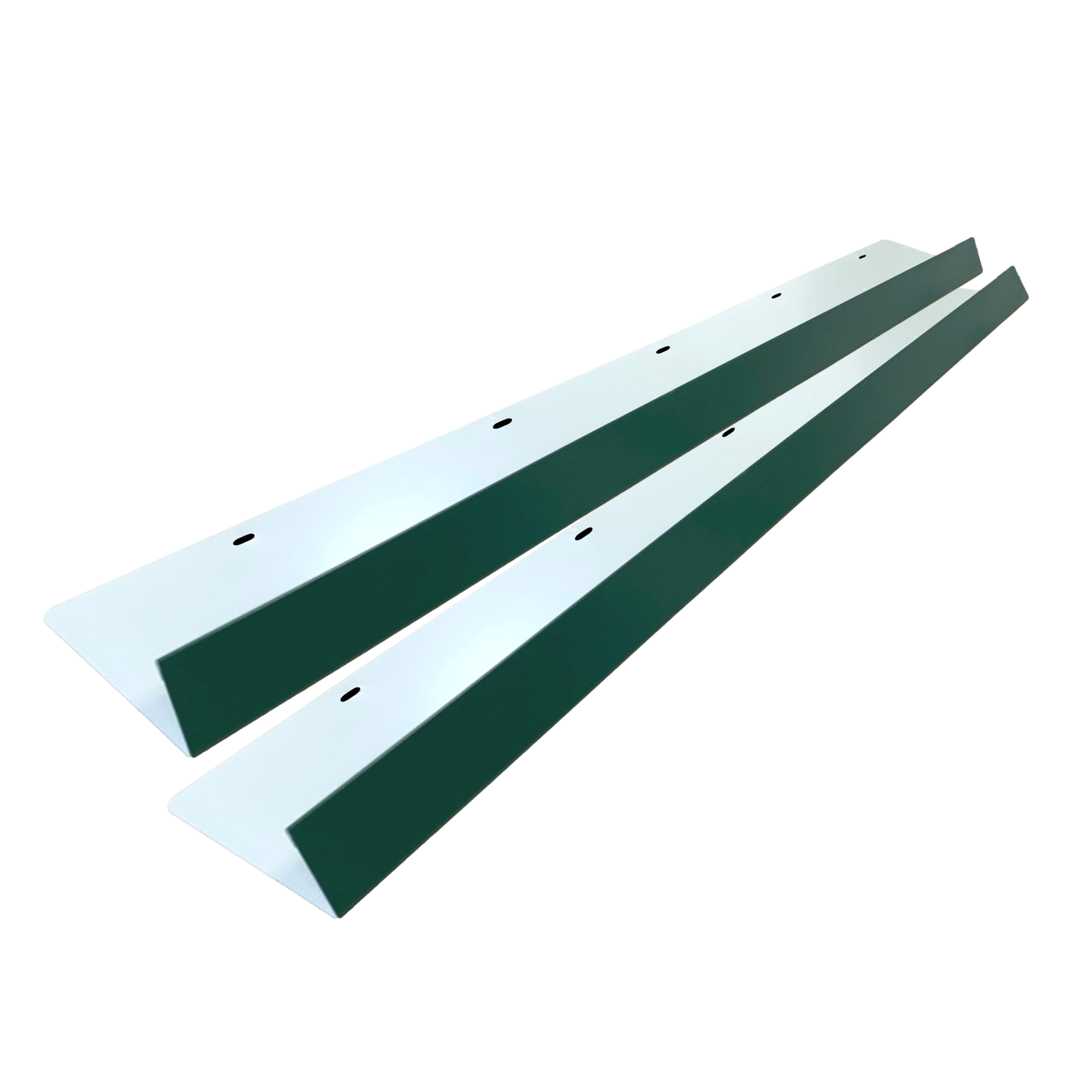A two-pack of shingle roof rain diverters that are meant to install over door ways and windows to divert rain water. The rain diverters are made of 26 gauge painted steel and are Forest Green in color. 