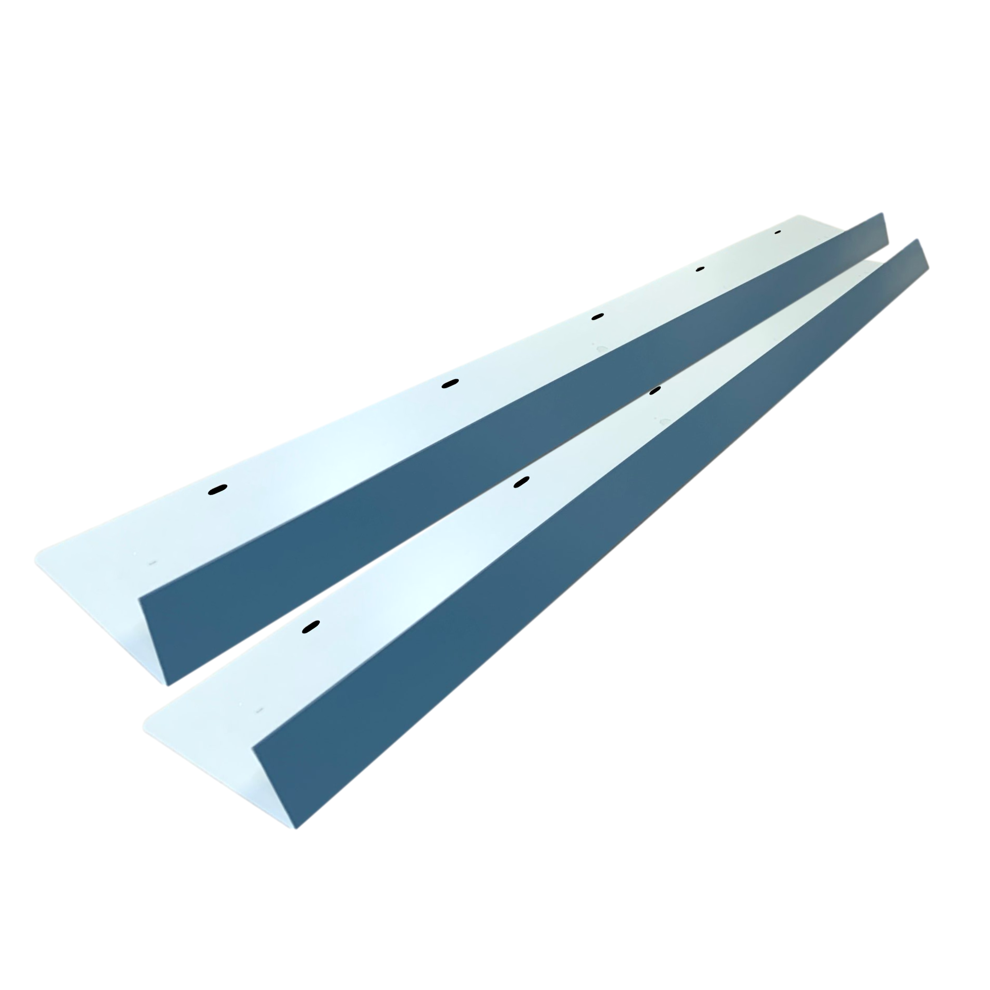 A two-pack of shingle roof rain diverters that are meant to install over door ways and windows to divert rain water. The rain diverters are made of 26 gauge painted steel and are Hawaiian Blue in color. 
