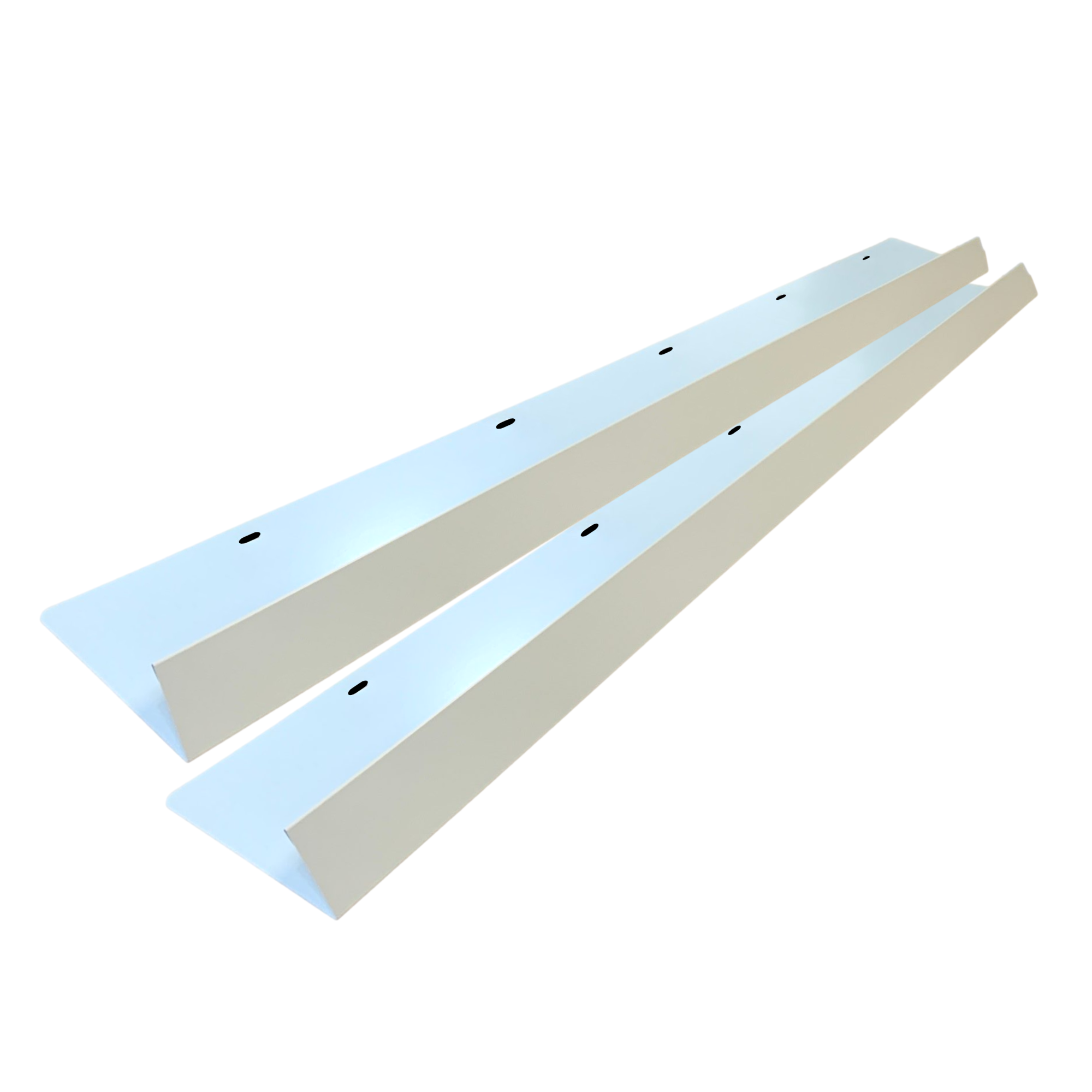 A two-pack of shingle roof rain diverters that are meant to install over door ways and windows to divert rain water. The rain diverters are made of 26 gauge painted steel and are Lightstone in color. 