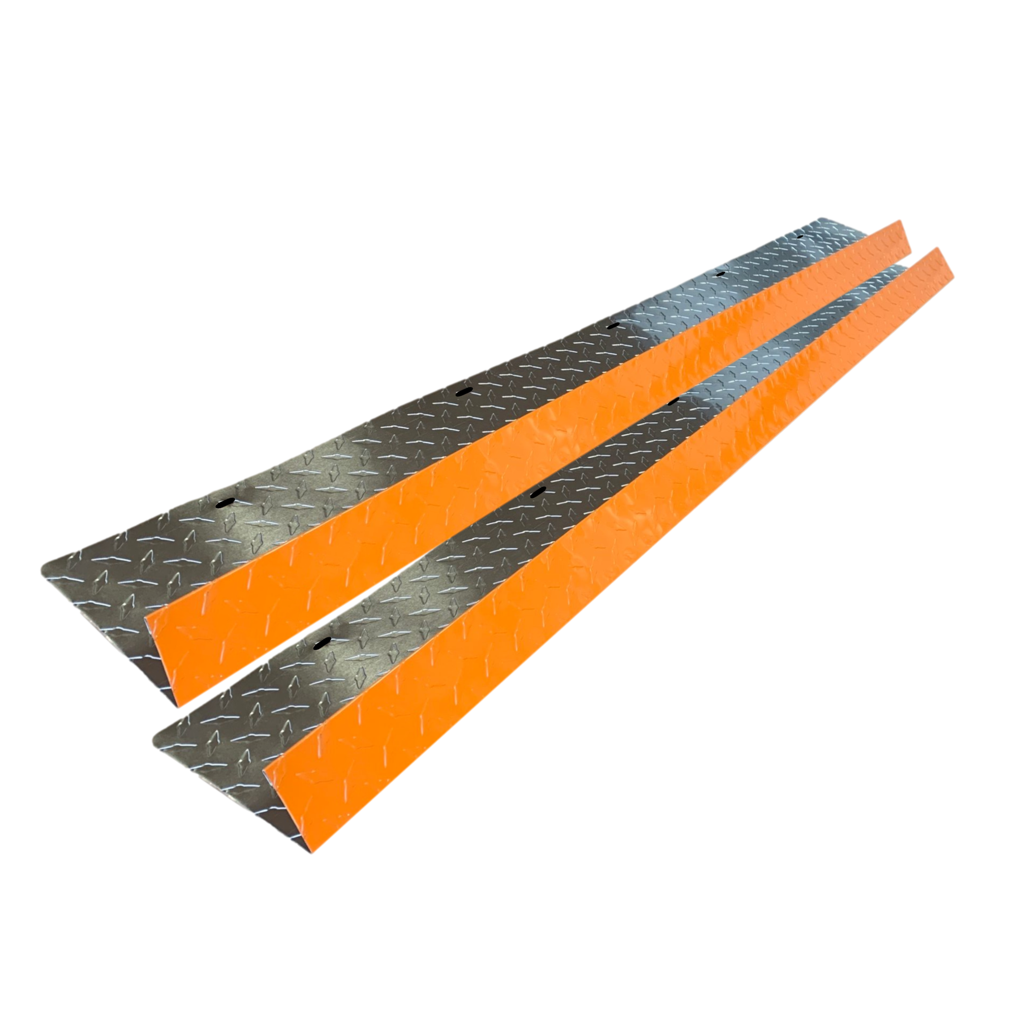 A two-pack of shingle roof rain diverters that are meant to install over door ways and windows to divert rain water. The rain diverters are made of aluminum diamond tread plate and are Orange in color. 