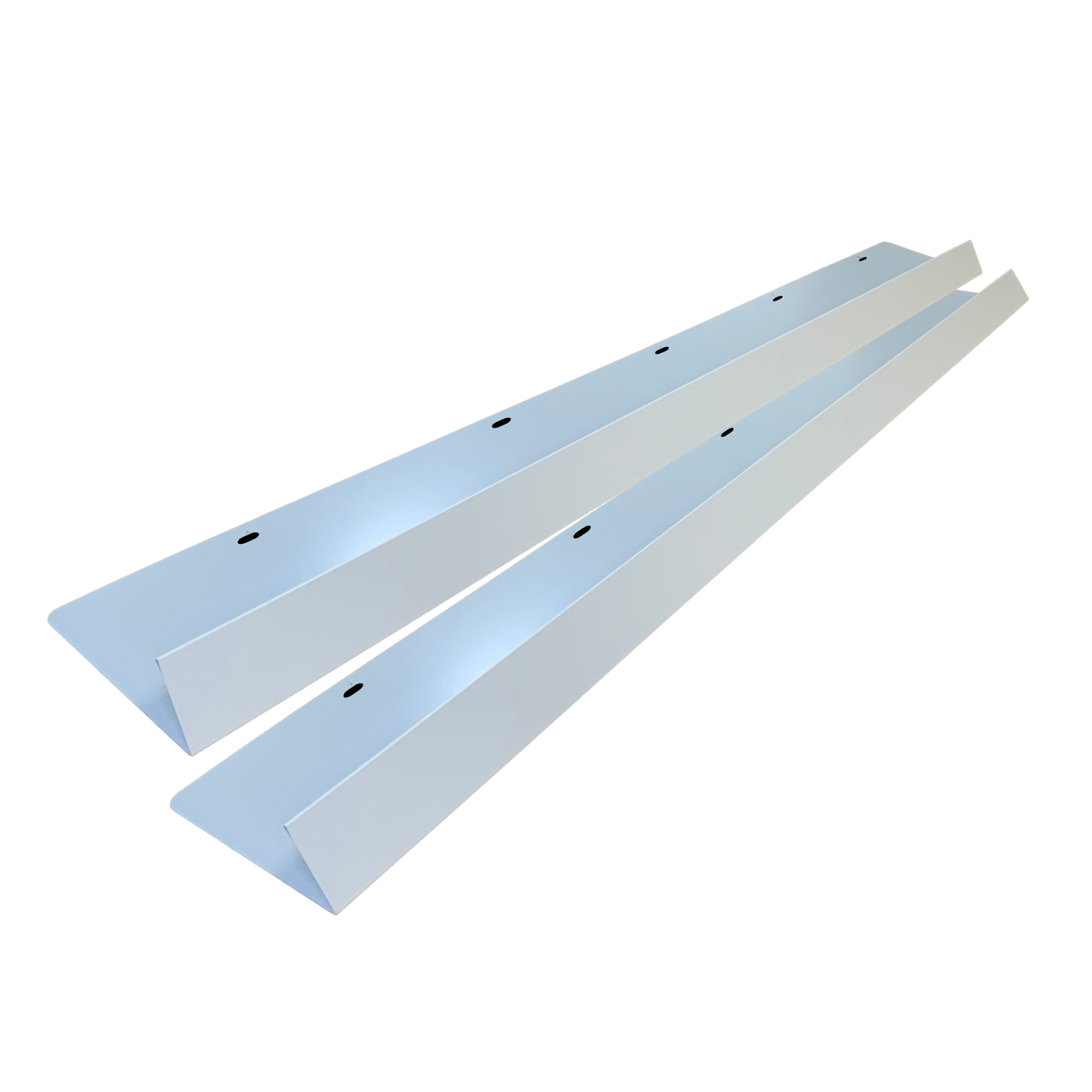 A two-pack of shingle roof rain diverters that are meant to install over door ways and windows to divert rain water. The rain diverters are made of 26 gauge painted steel and are White in color. 