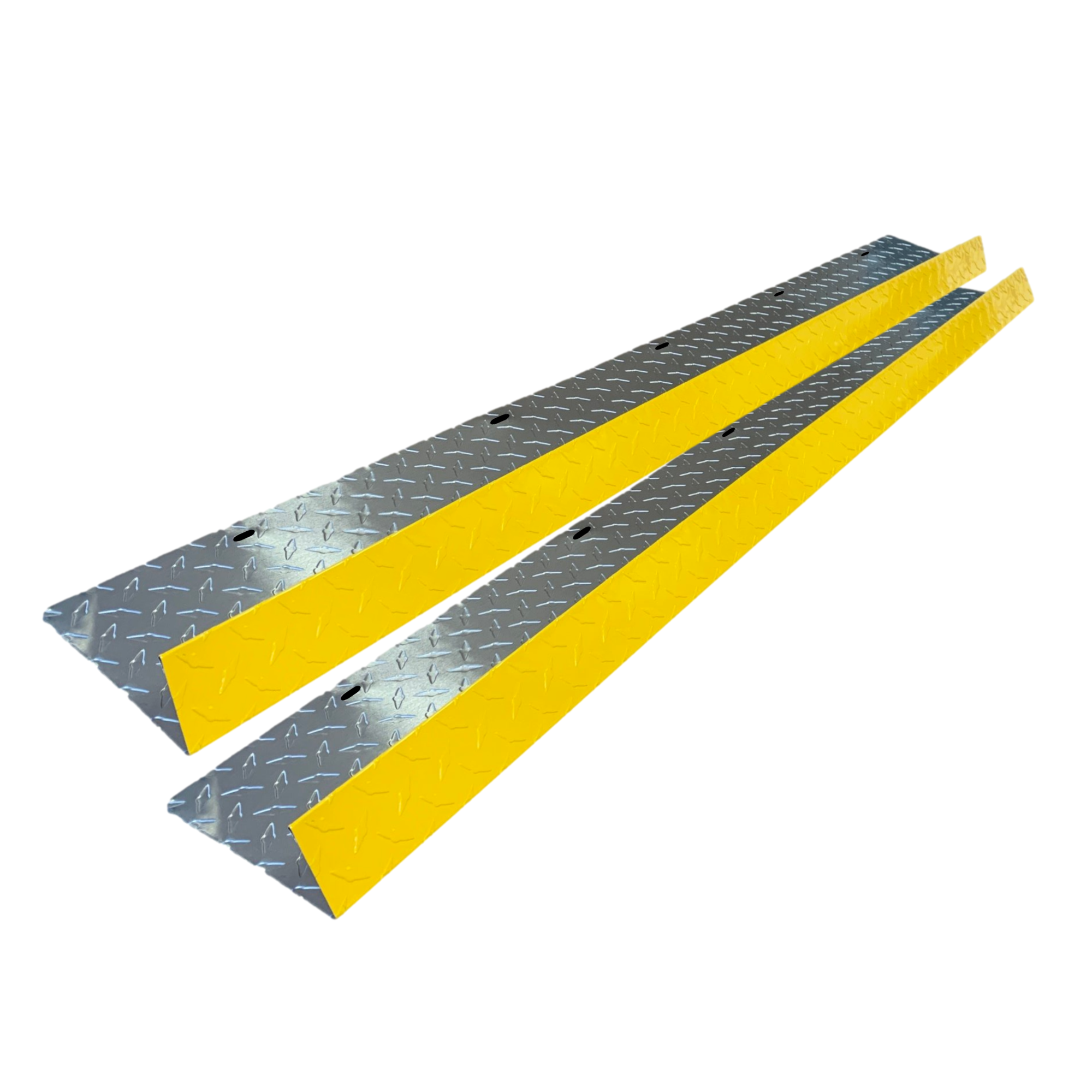 A two-pack of shingle roof rain diverters that are meant to install over door ways and windows to divert rain water. The rain diverters are made of aluminum diamond tread plate and are Yellow in color. 