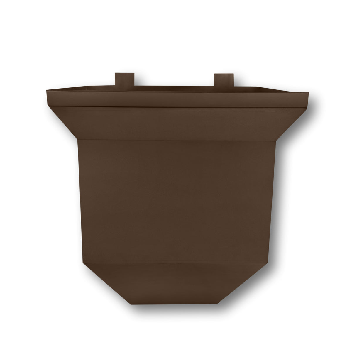A painted aluminum Downspout Collection Box that is Royal Brown in color. 