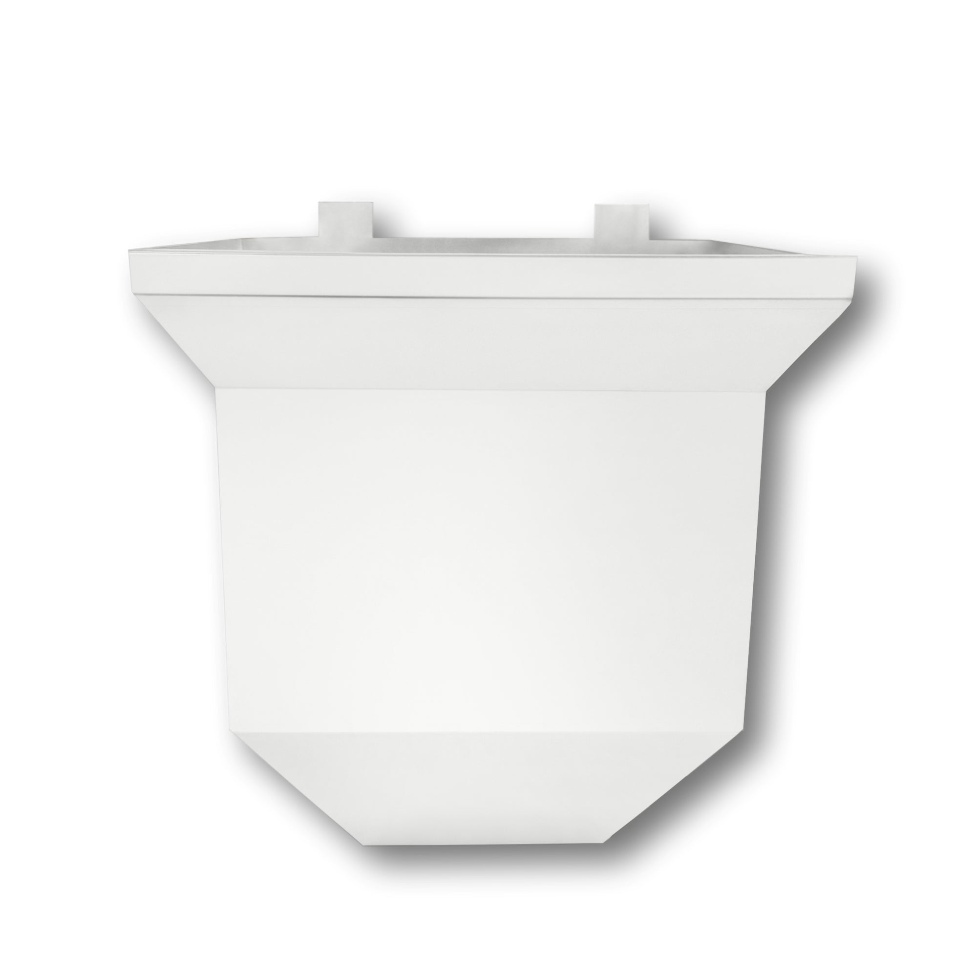 A painted aluminum Downspout Collection Box that is White in color. 