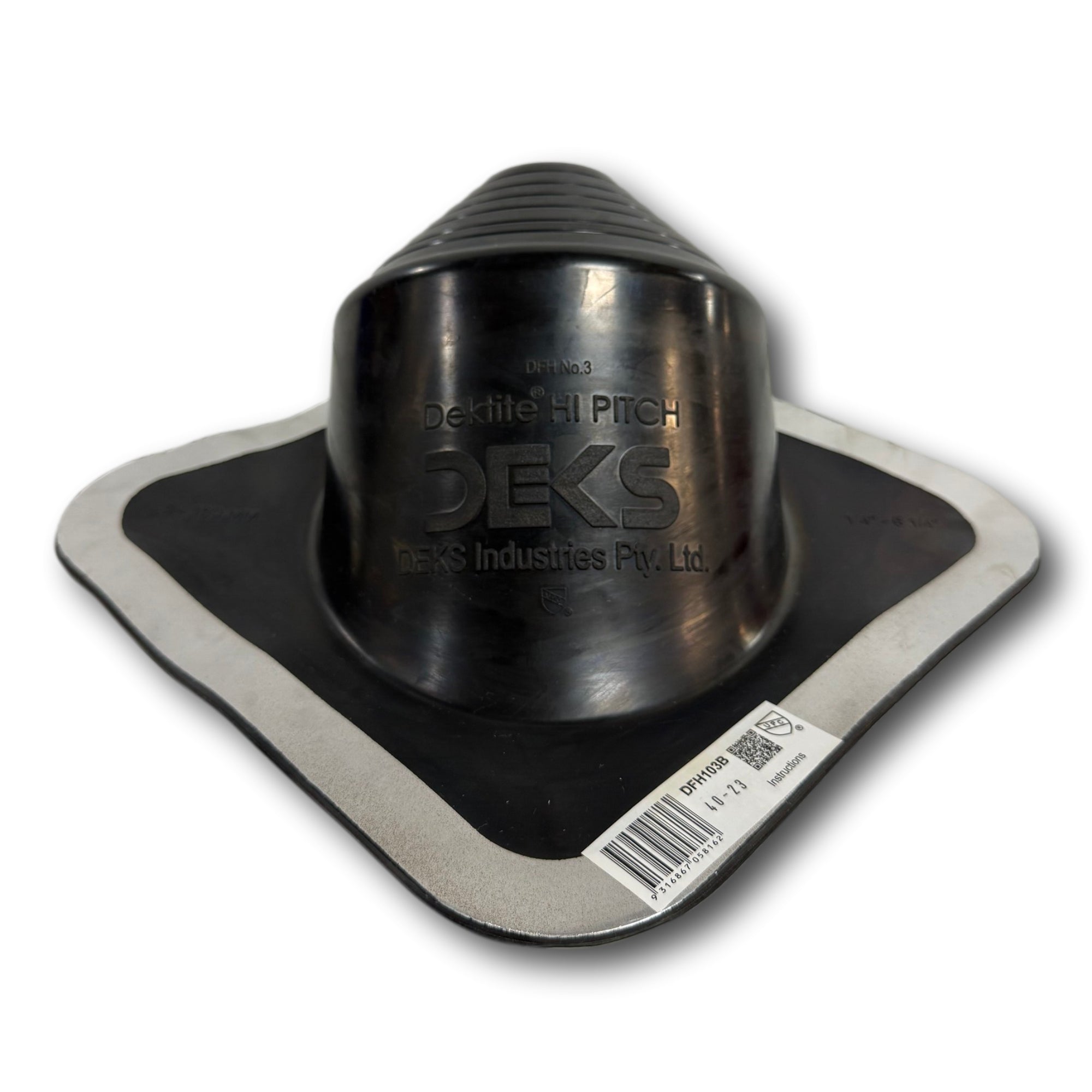 A Dektite Pipe Boot made for flashing penetrations on a metal roof. This pipe boot is made for an extreme pitch roof, and is Black in color. 