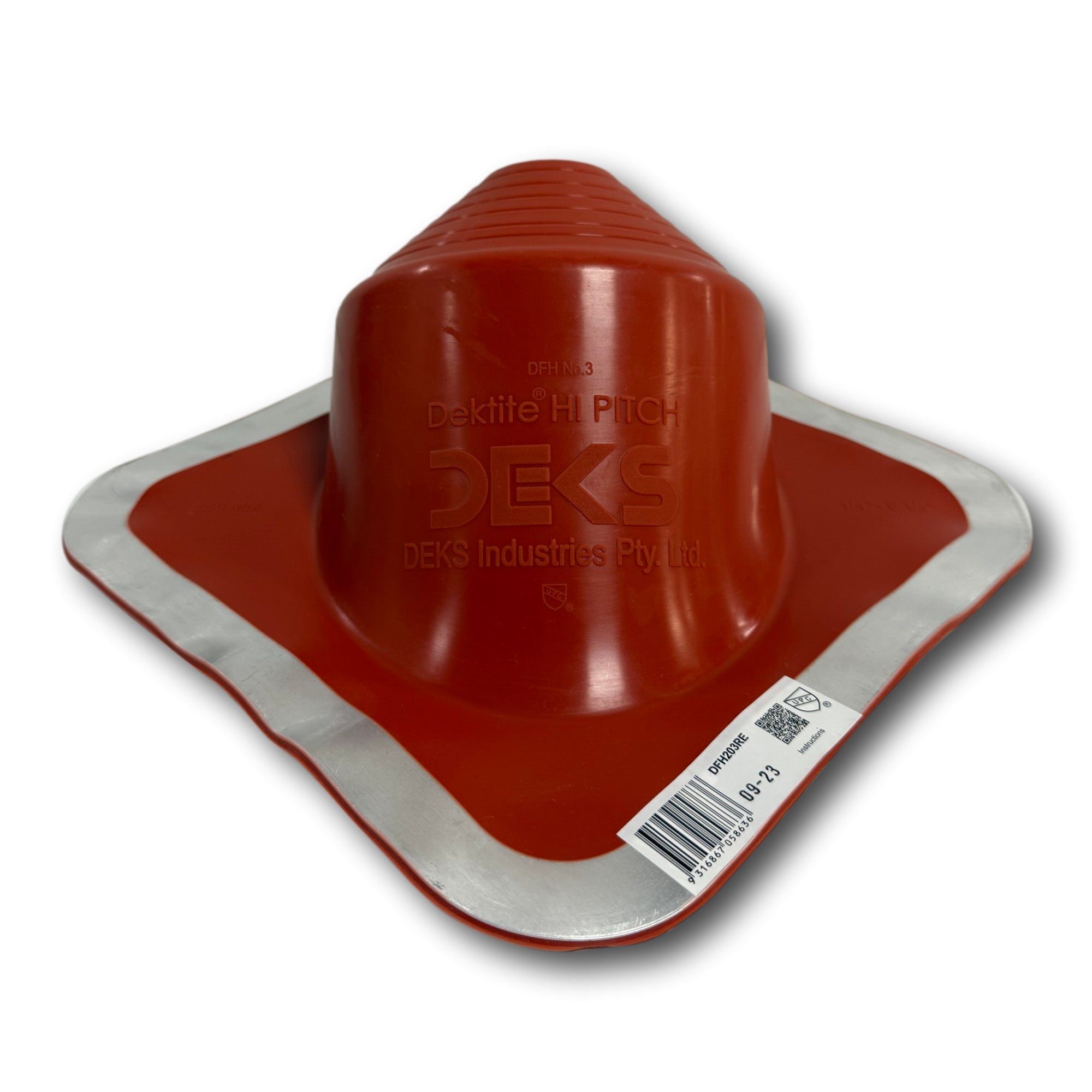 A Dektite Pipe Boot made for flashing penetrations on a metal roof. This pipe boot is made for an extreme pitch roof, and is Red in color. 