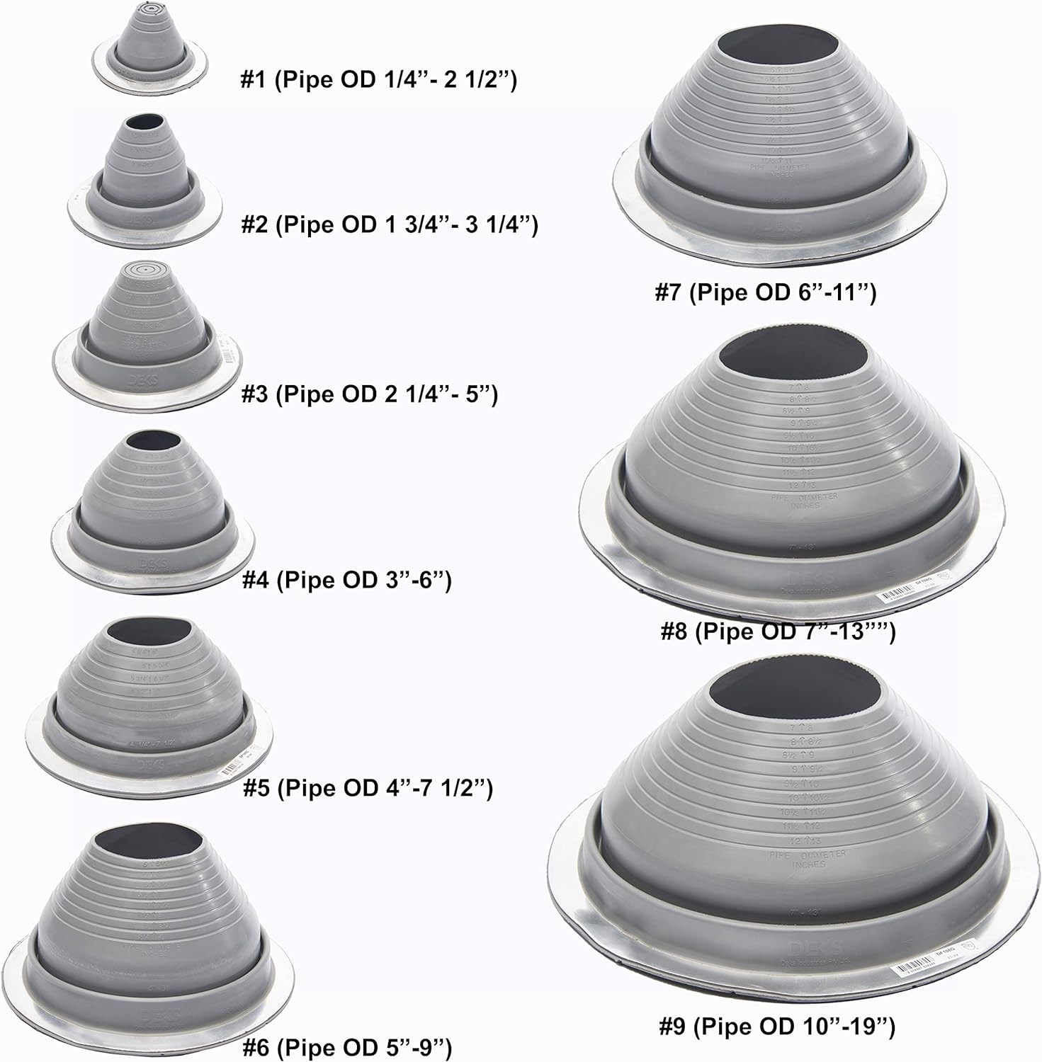 A diagram showing the Gray Round Metal Roofing Pipe Boots and the Pipe Diameter sizes. #1 (Pipe OD 1/4"-2 1/2"), #2 (Pipe OD 1 3/4"-3 1/4"), #3 (Pipe OD 2 1/4"-5"), #4 (Pipe OD 3"-6"), #5 (Pipe OD 4"-7 1/2"), #6 (Pipe OD 5"-9"), #7 (Pipe OD 6"-11"), #8 (pipe OD 7"-13"), #9 (Pipe OD 10"-19").