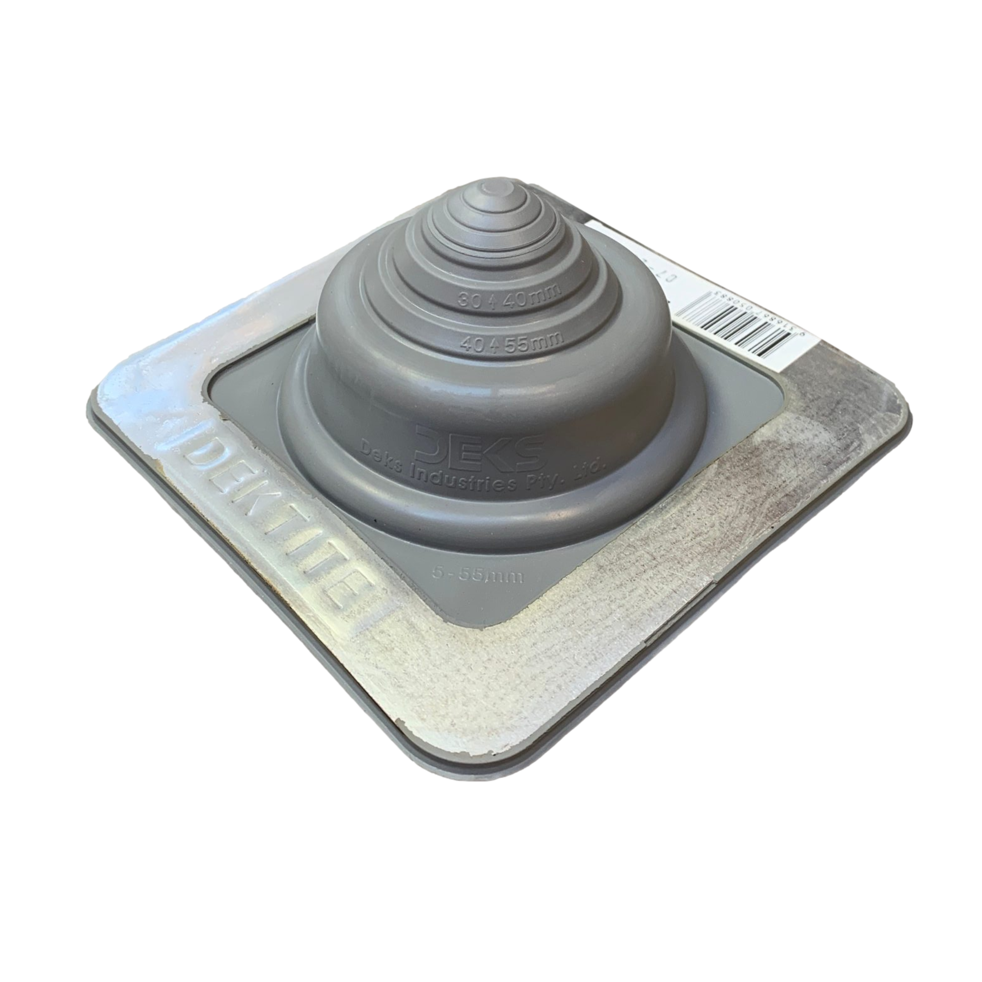 A number 1 size Gray Square Pipe Flashing Boot. The boot is made of Silicone, and the measurements are featured on the side of the boot for reference when cutting.