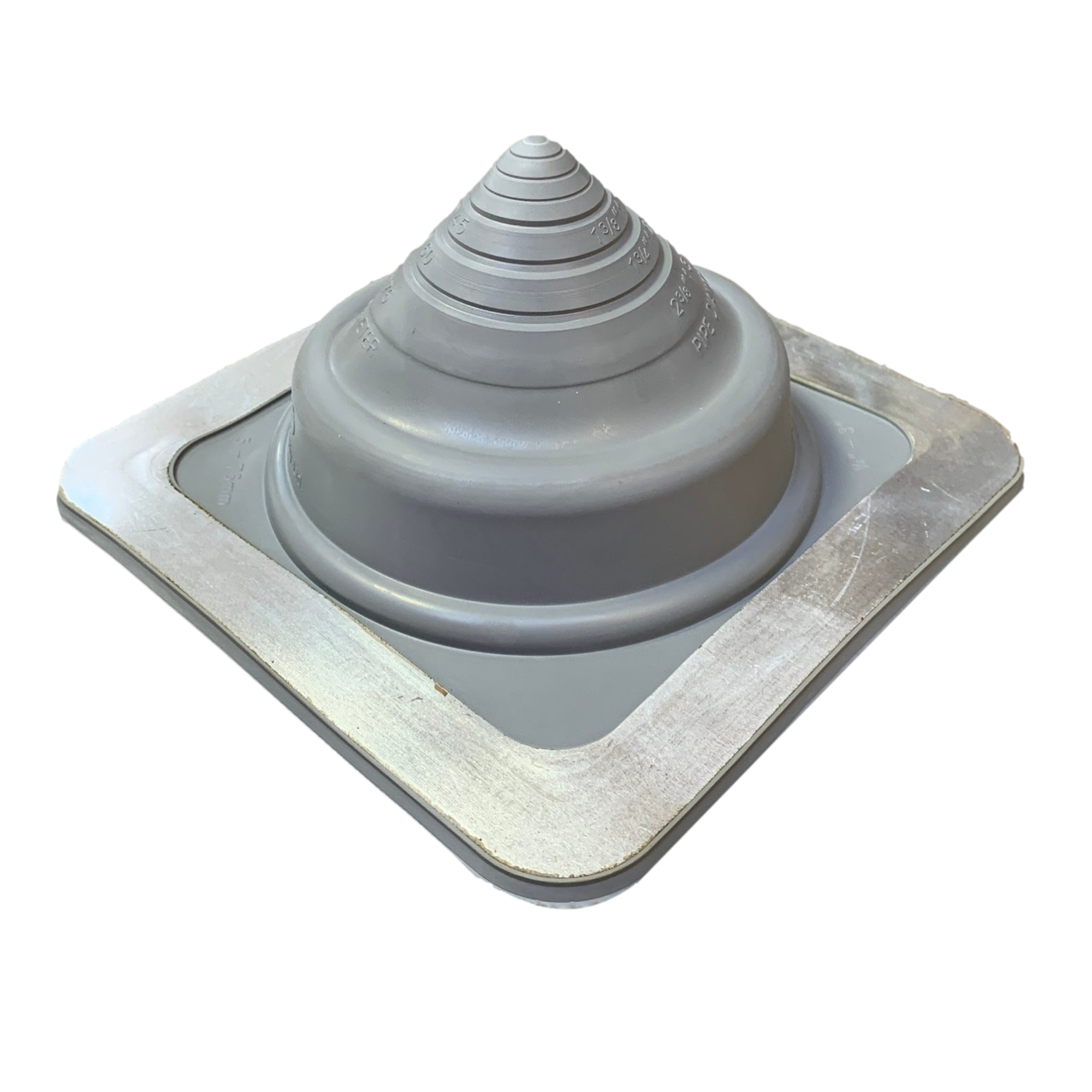 A number 2 size Gray Square Pipe Flashing Boot. The boot is made of Silicone, and the measurements are featured on the side of the boot for reference when cutting.