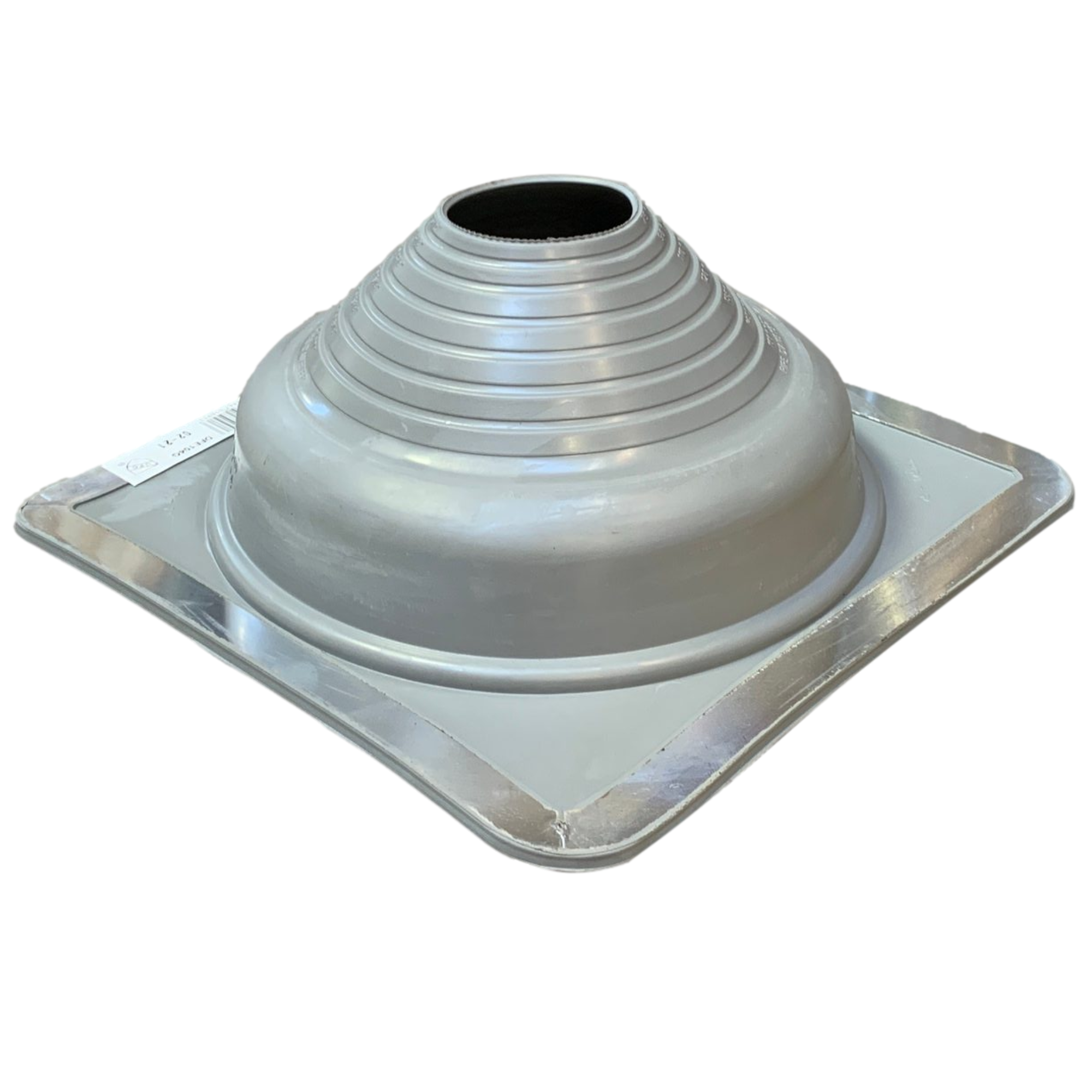 A number 4 size Gray Square Pipe Flashing Boot. The boot is made of Silicone, and the measurements are featured on the side of the boot for reference when cutting.