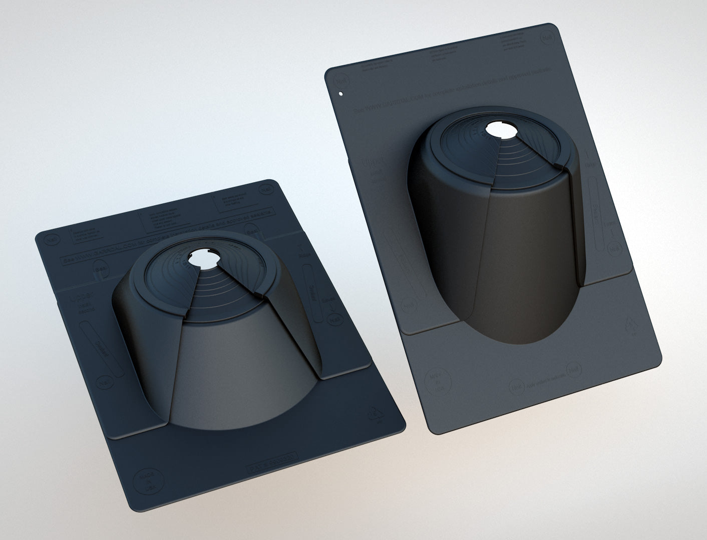 Two Garrdal 2-Piece Pipe Flashing Boots standing next to each other at different angles. The boot is made to be installed over existing pipes on a shingle roof. 