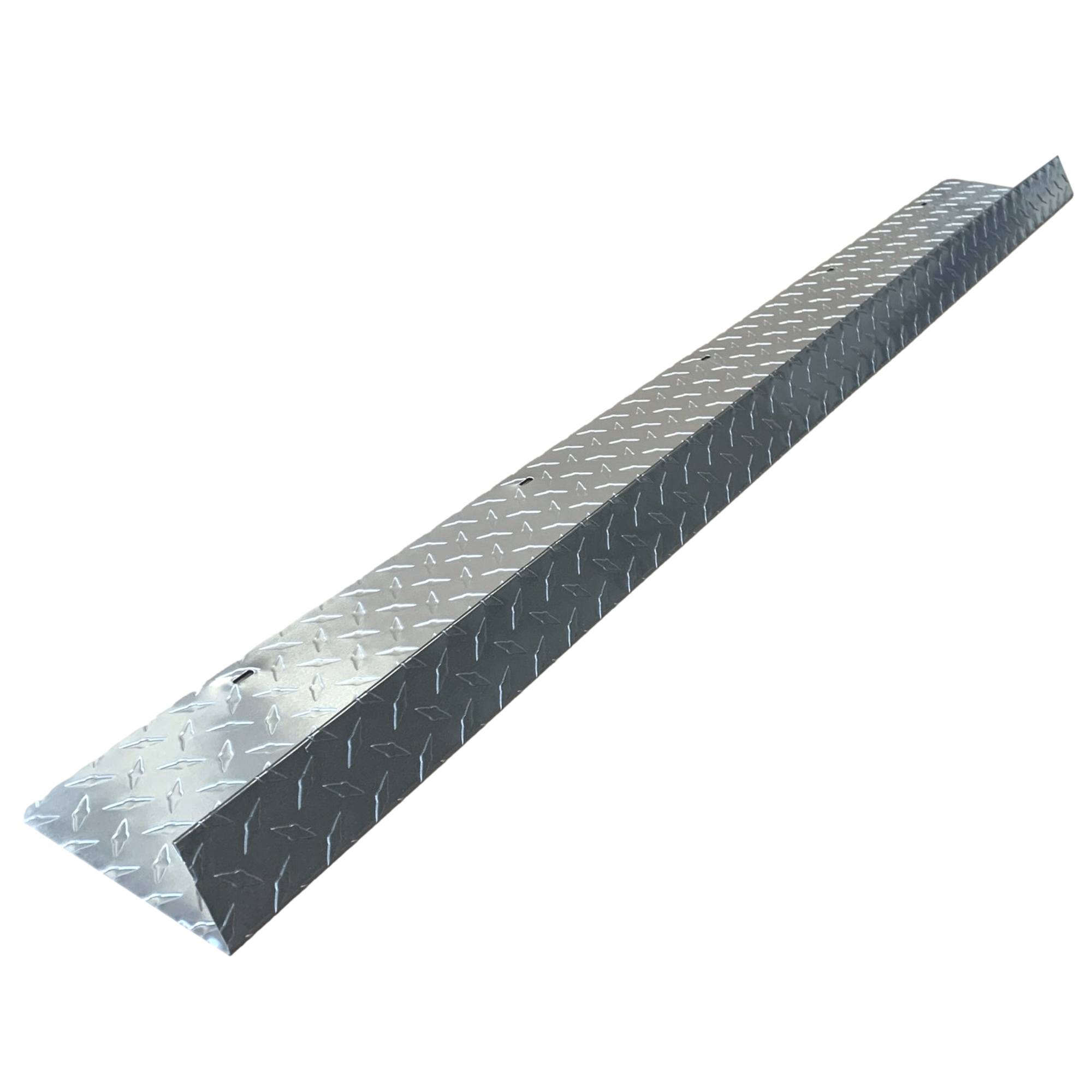 A shingle roof rain diverter that is meant to install over door ways and windows to divert rain water. The rain diverter is made of aluminum diamond tread plate and is Gray in color. 