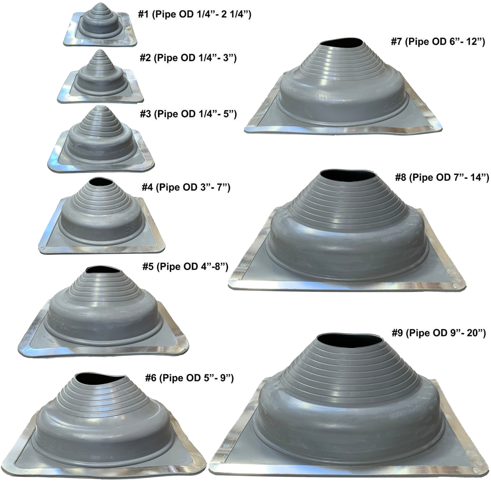 A diagram showing the size pipe boot and pipe diameter for Gray Square Base Pipe Flashing Boots. #1 (Pipe OD 1/4"-2 1/4"), #2 (Pipe OD 1/4"-3"), #3 (Pipe OD 1/4"-5"), #4 (Pipe OD 3"-7"), #5 (Pipe OD 4"-8"), #6 (Pipe OD 5"-9"), #7 (Pipe OD 6"-12"), #8 (Pipe OD 7"-14"), #9 (Pipe OD 9"-20").