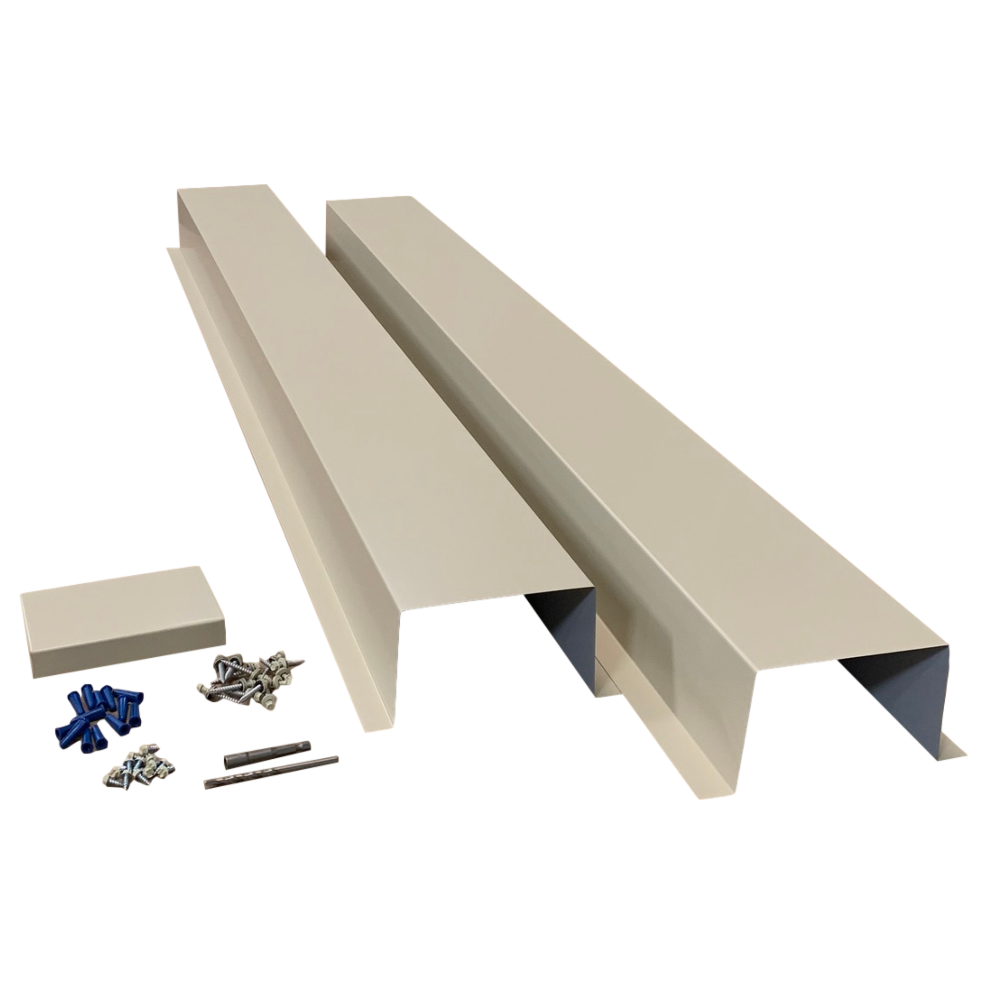 A set of PermaCover HVAC Line Set Covers that consists of two 5 FT sections, two end caps, fasteners, and a hex bit driver and masonry bit. The sections are made for covering existing HVAC line sets, and are made of 26 gauge painted steel in the color Lightstone. 