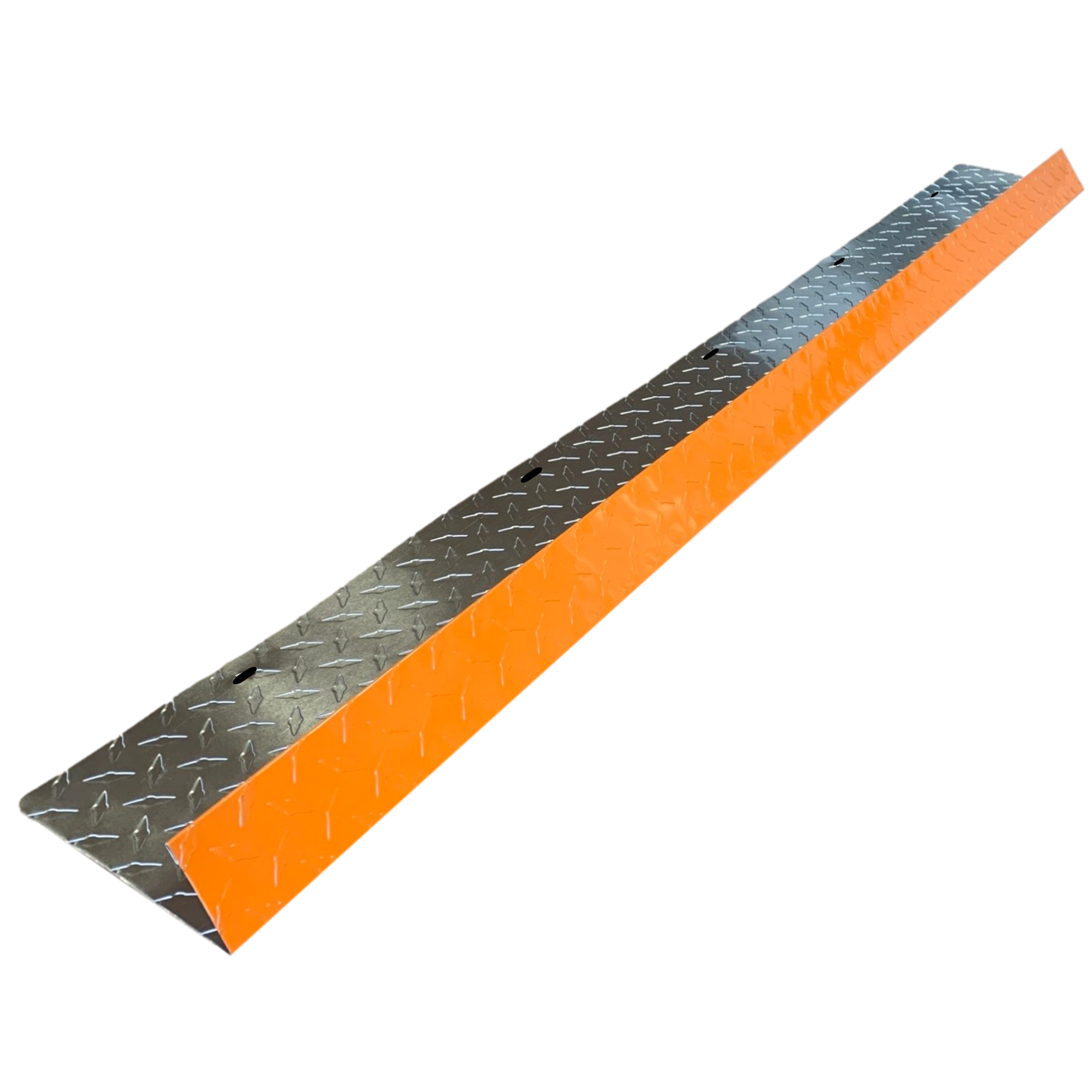 A shingle roof rain diverter that is meant to install over door ways and windows to divert rain water. The rain diverter is made of aluminum diamond treadplate and is Orange in color. 