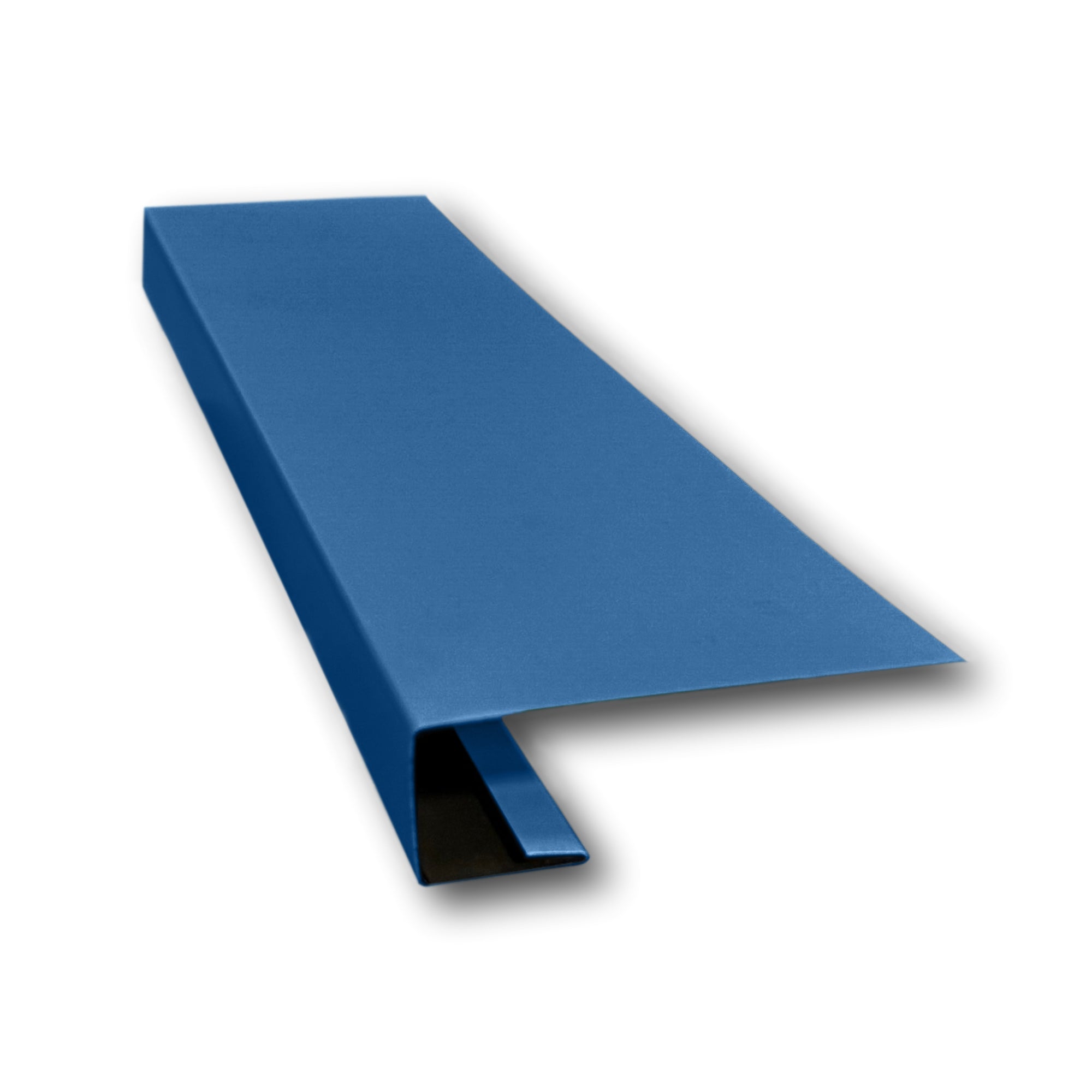 A piece of Painted Steel J-Mold on a white background. The J-Mold is Regal Blue in color. 