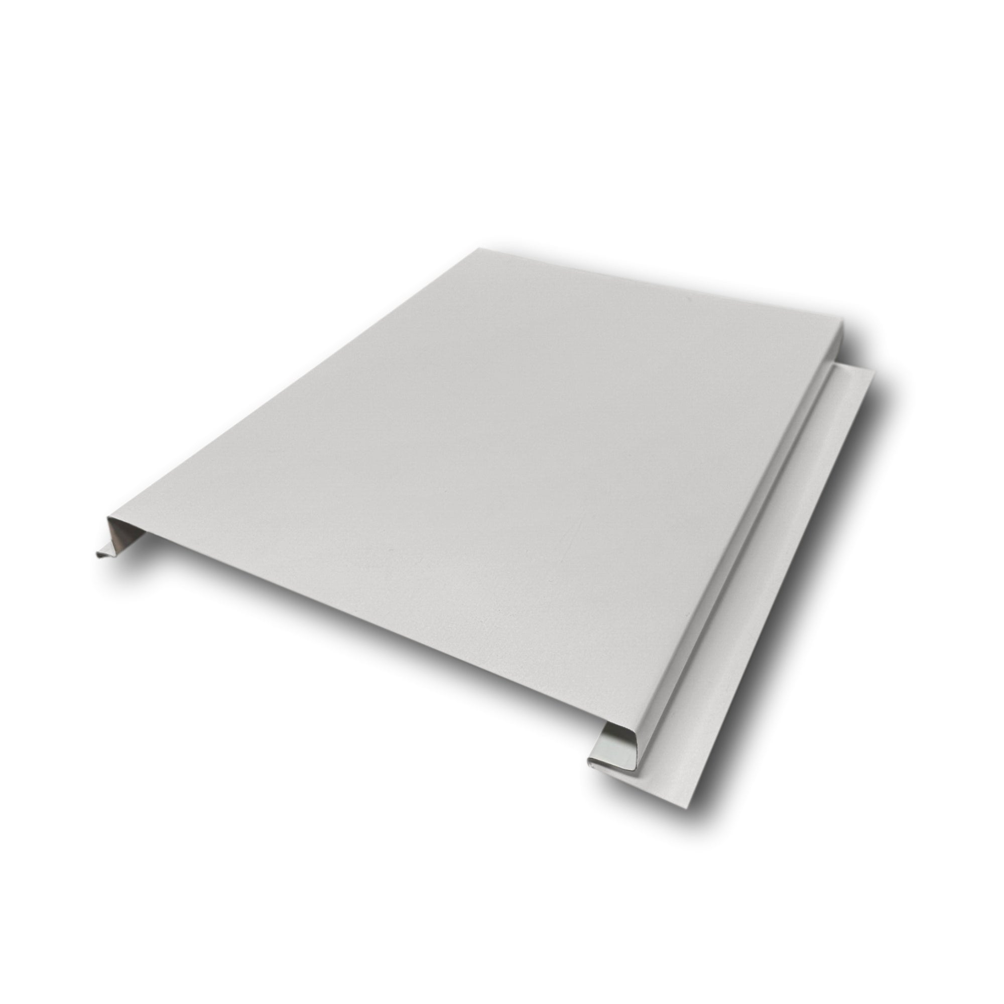 A Painted Steel Solid Soffit Panel on a white background. The Soffit Panel is Ash Gray in color. 