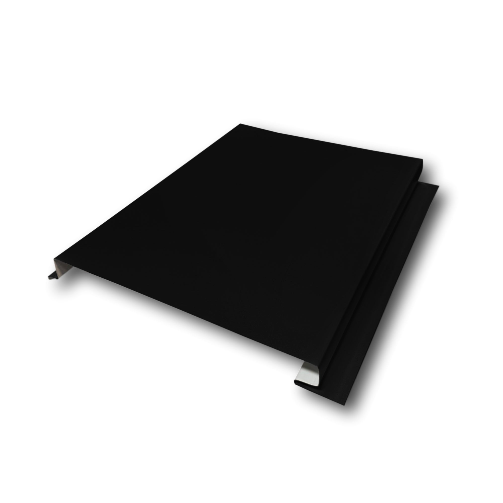 A Painted Steel Solid Soffit Panel on a white background. The Soffit Panel is Black in color. 
