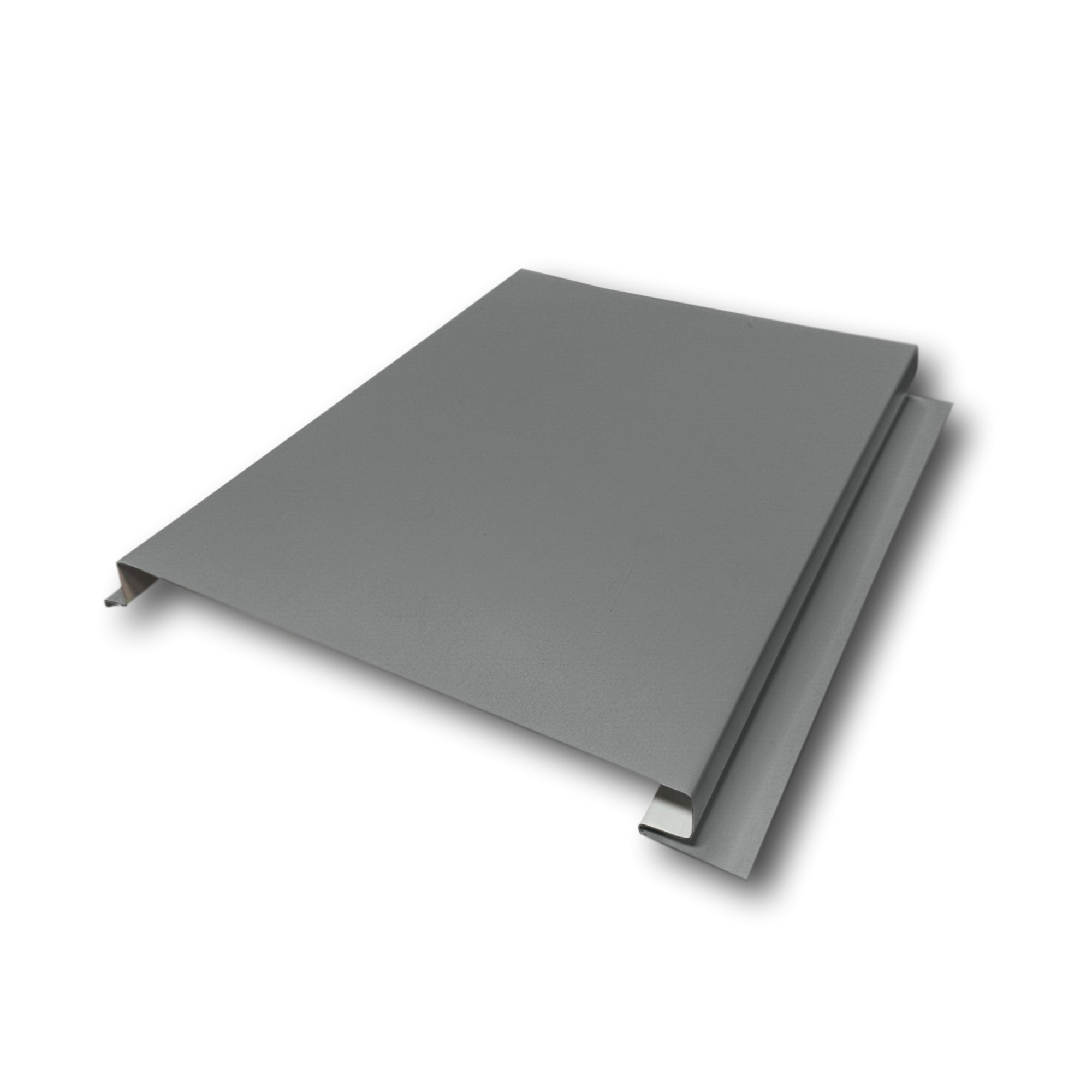 A Painted Steel Solid Soffit Panel on a white background. The Soffit Panel is Charcoal Gray in color. 