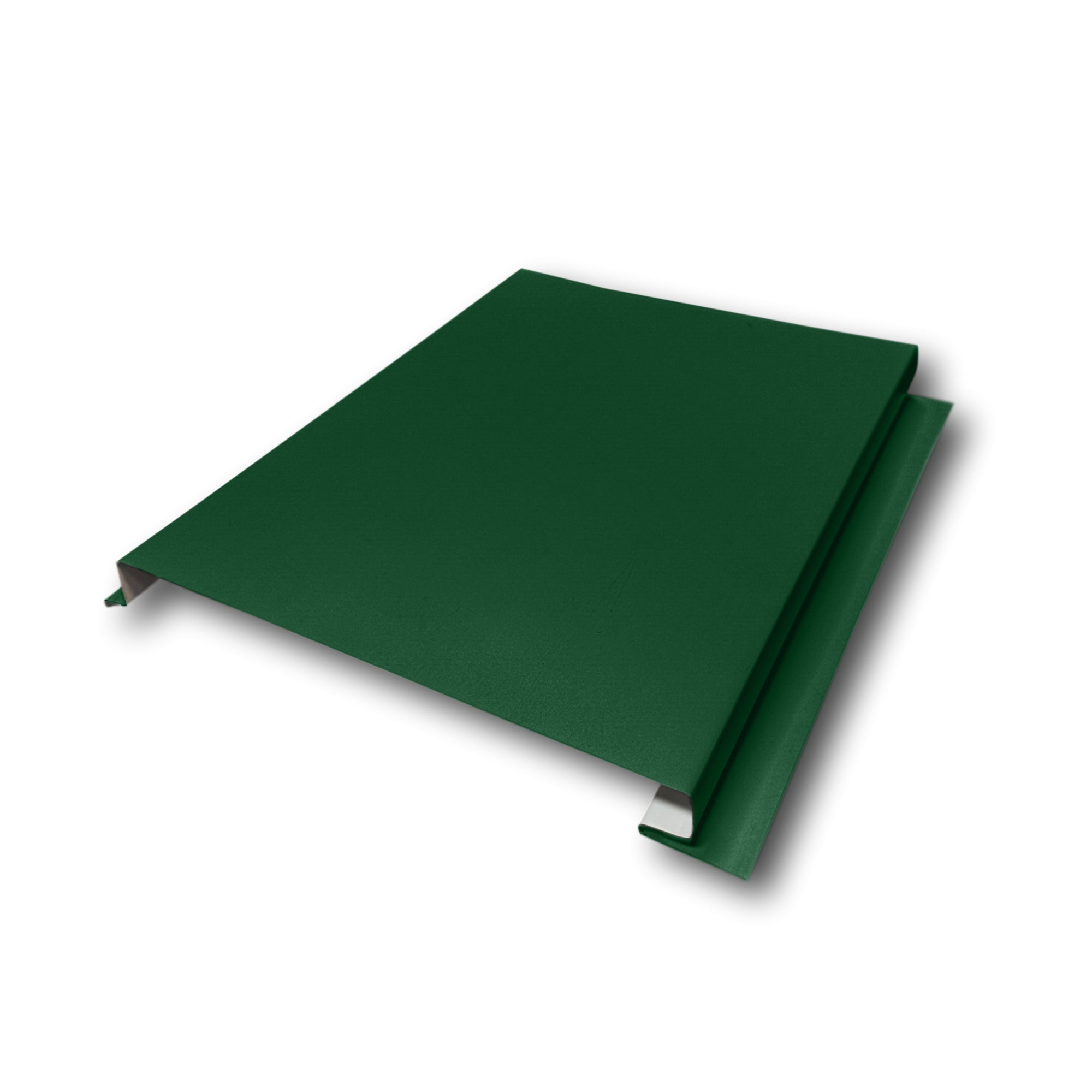 A Painted Steel Solid Soffit Panel on a white background. The Soffit Panel is Forest Green in color. 