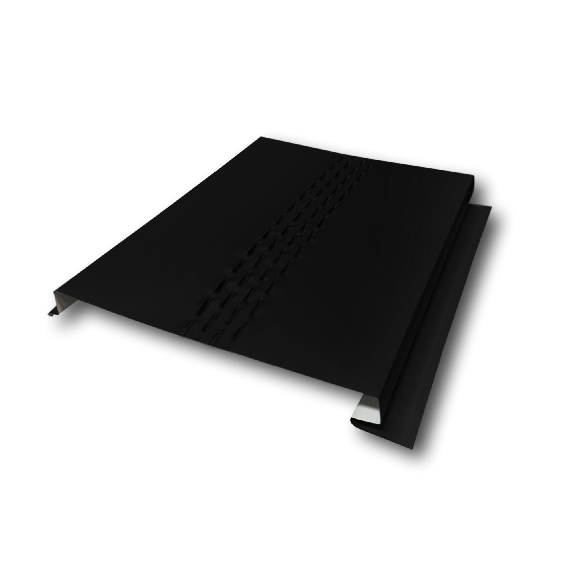 A Painted Steel Vented Soffit Panel on a white background. The Soffit Panel is Black in color. 