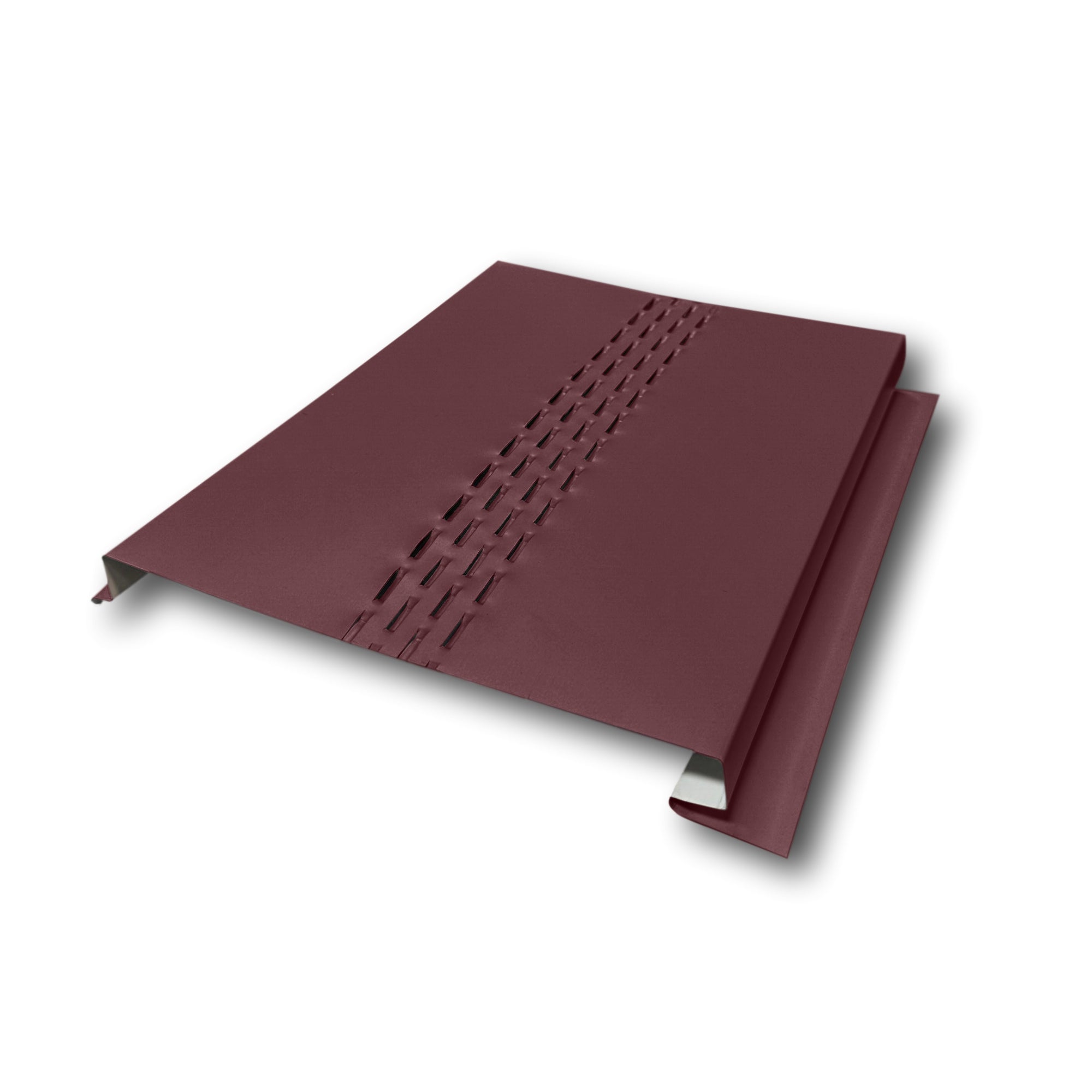 A Painted Steel Vented Soffit Panel on a white background. The Soffit Panel is Burgundy in color. 