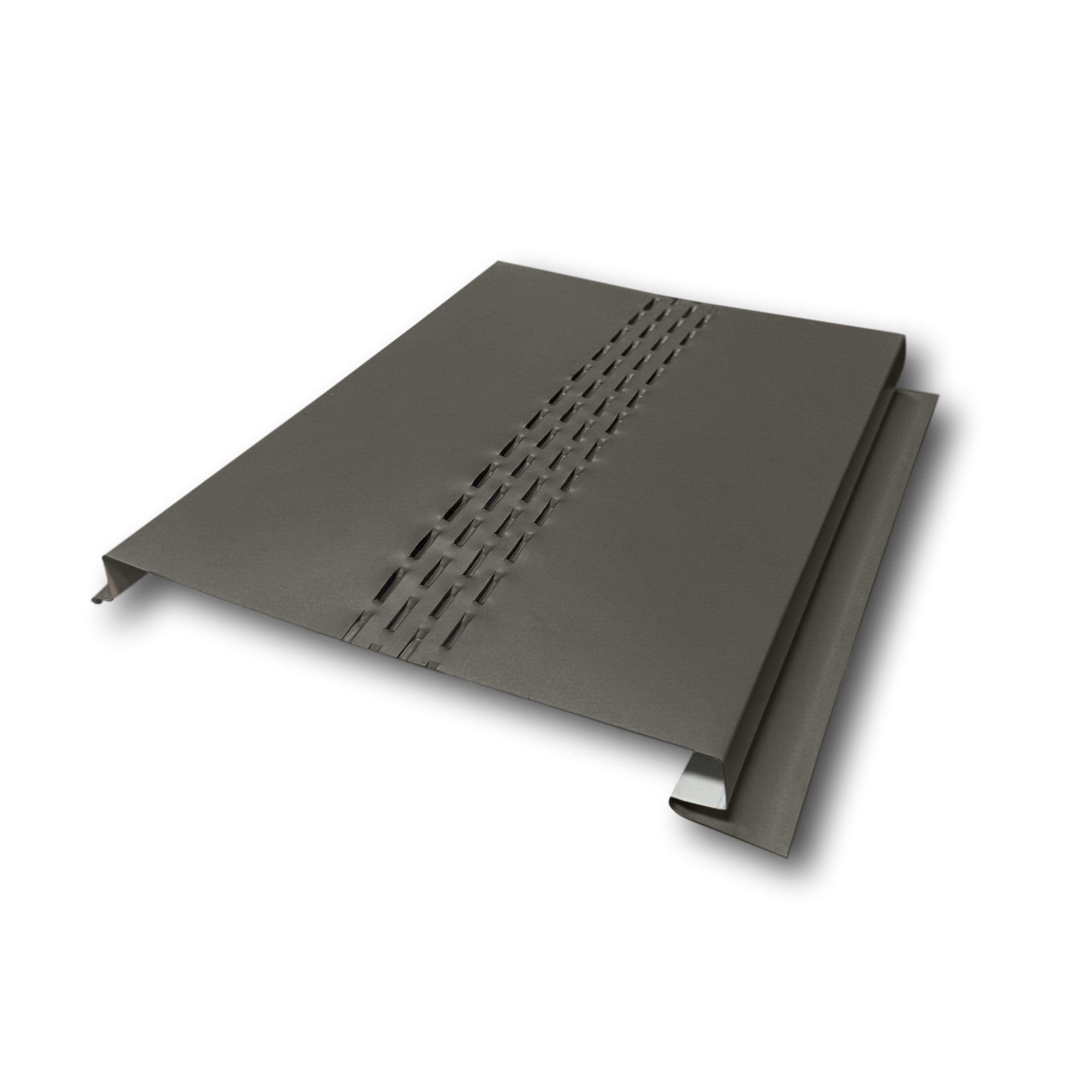A Painted Steel Vented Soffit Panel on a white background. The Soffit Panel is Burnished Slate in color. 
